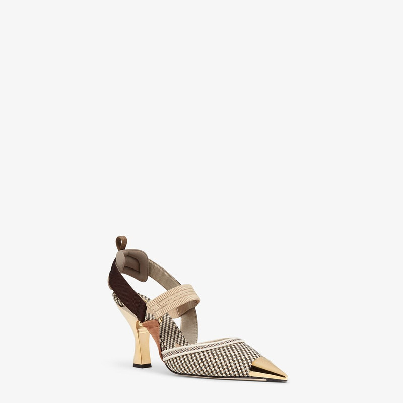 FENDI High-heeled slingbacks in beige houndstooth fabric outlook