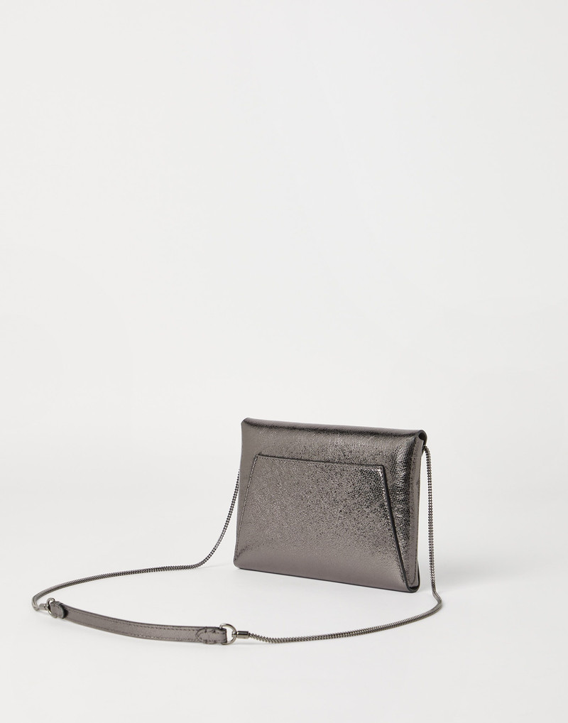 Brunello Cucinelli BC Duo pochette in lamé grained calfskin with precious chain outlook