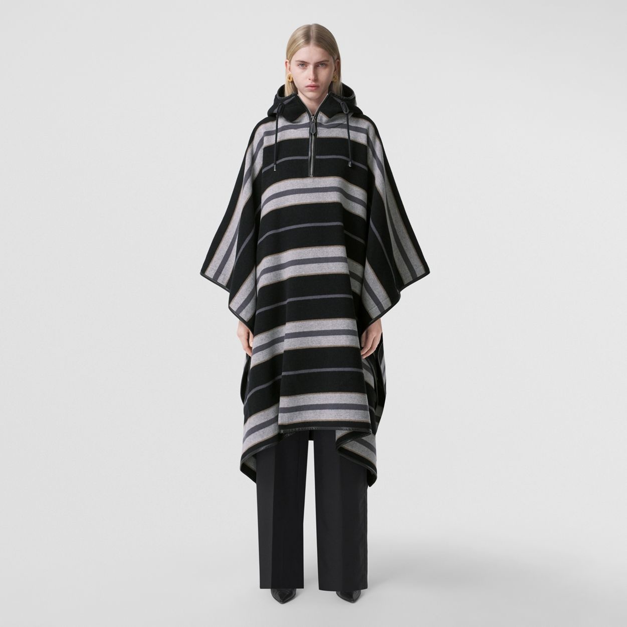 Stripe Wool Oversized Hooded Poncho - 2