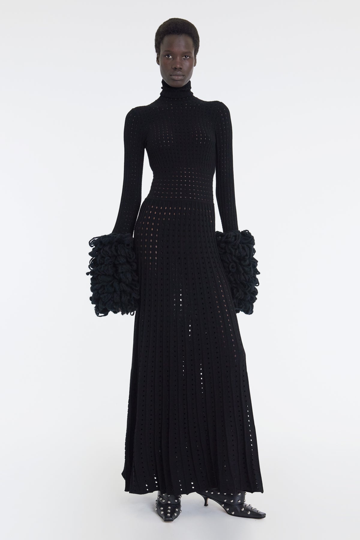 PERFORATED KNIT MAXI DRESS WITH THREADED CUFFS BLACK - 5