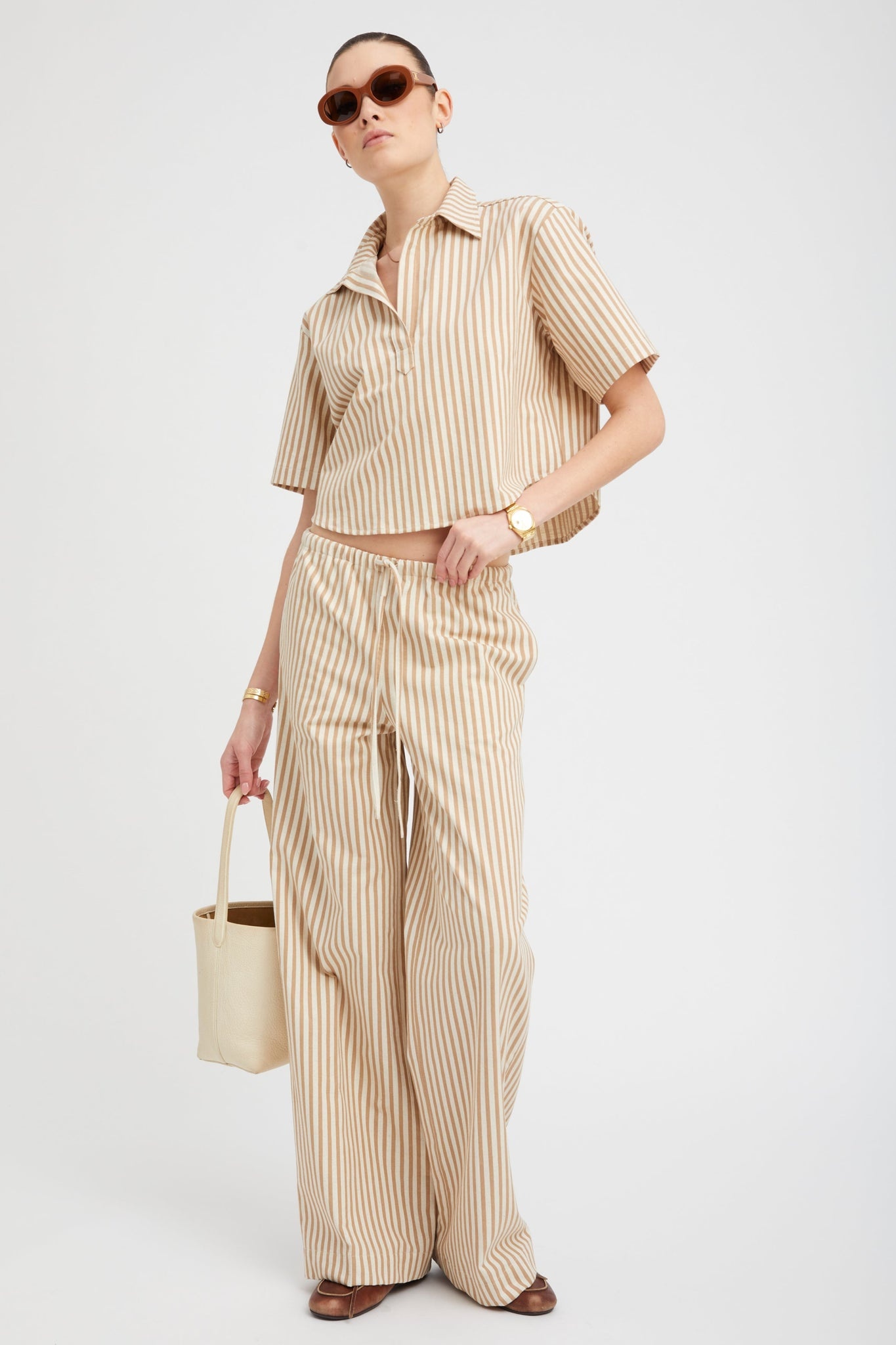 CAMEL STRIPED LINEN CROPPED HENLEY - 2