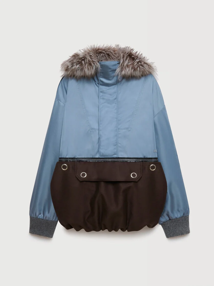 GRAY NYLON HALF-ZIP JACKET WITH FUR COLLAR - 1