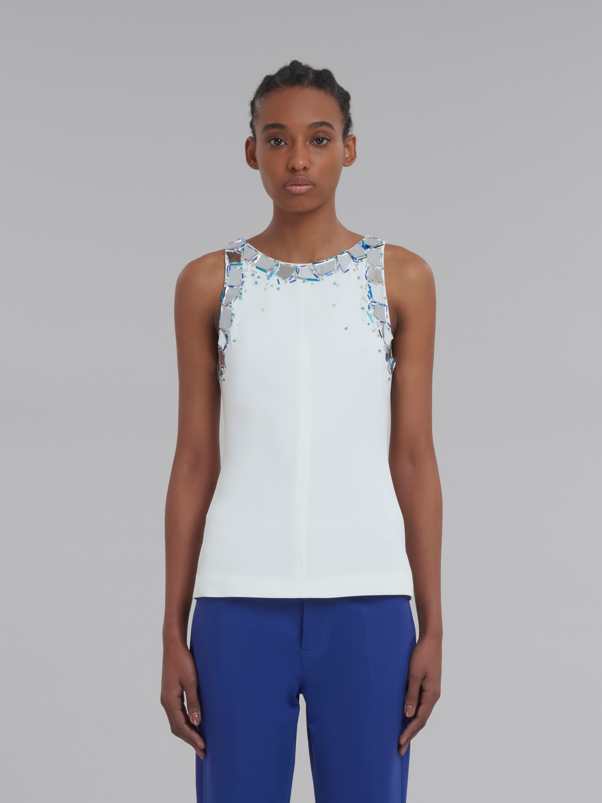 WHITE STRETCH CADY TOP WITH BEADED NECKLINE - 2