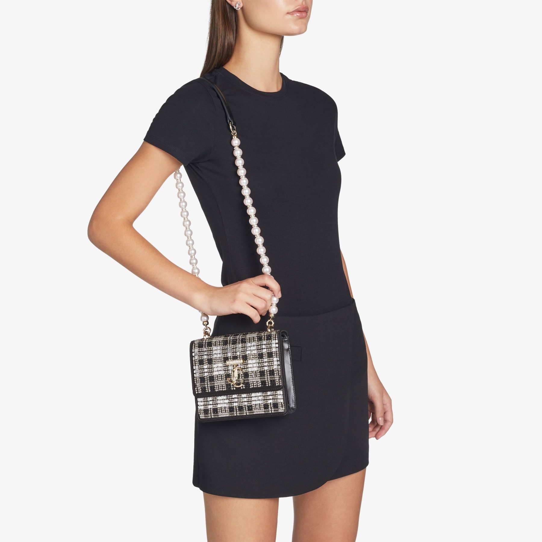 Avenue Quad XS
Black Satin Beaded Tartan Shoulder Bag with Pearl Strap - 3