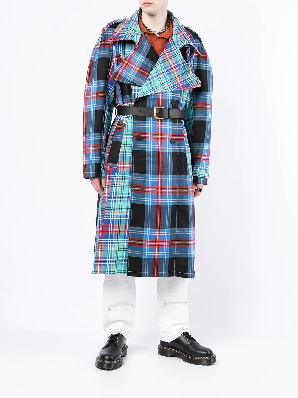 tartan-print belted trench coat - 2