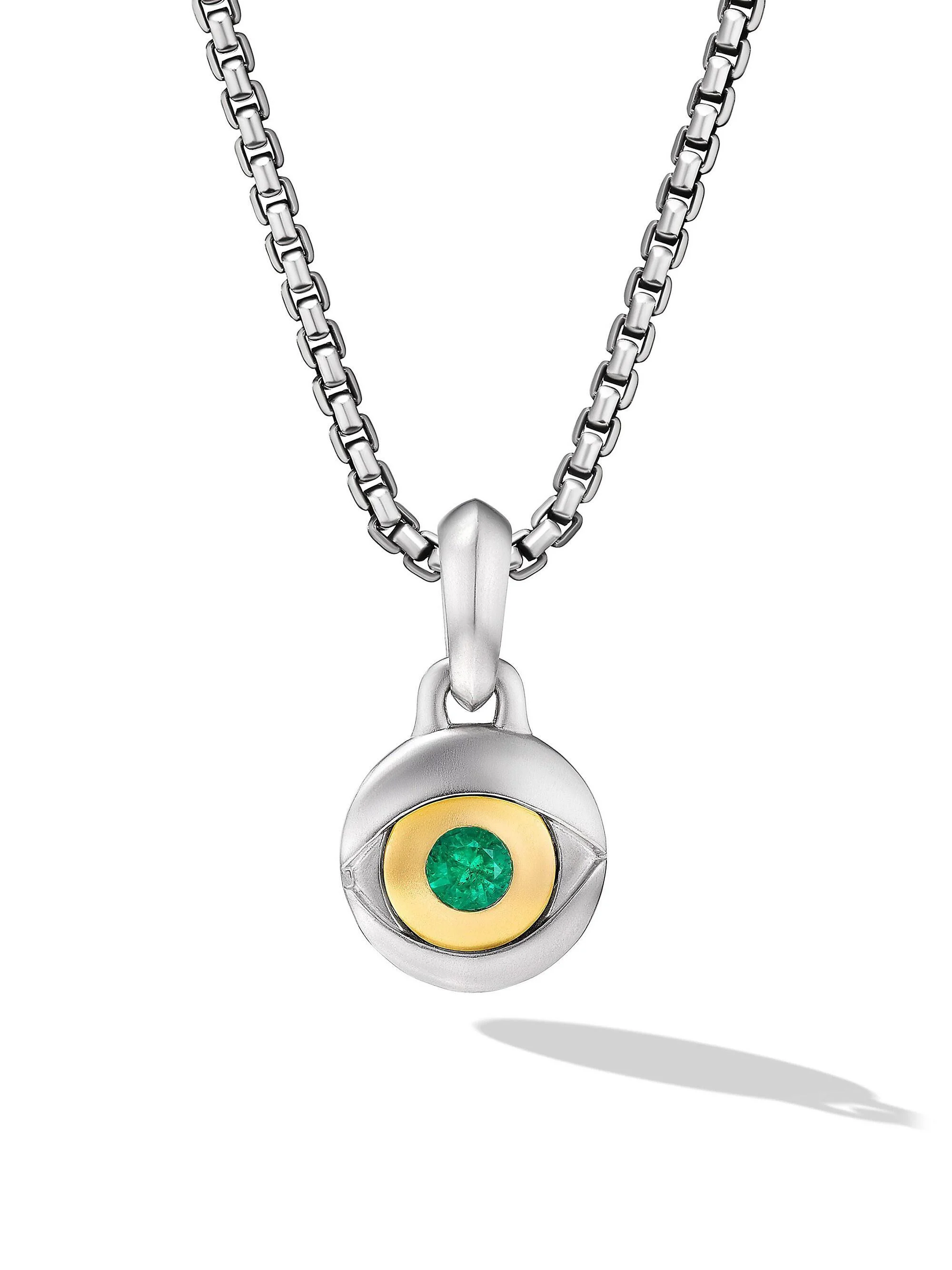 Men's Evil Eye Amulet in Sterling Silver with 18K Yellow Gold and Emerald, 14.5MM - Emerald - 1