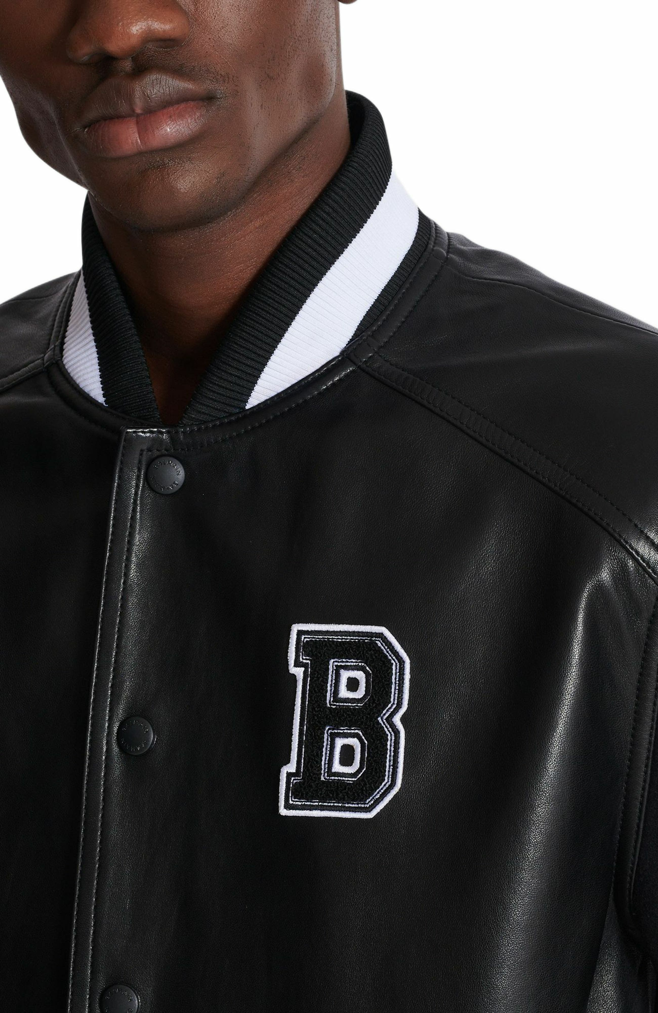 Balmain Varsity lambskin leather and wool jacket in Black at Nordstrom - 7