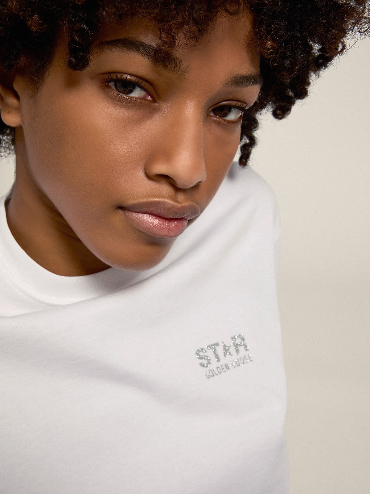 Women's white T-shirt with silver glitter logo and star - 2