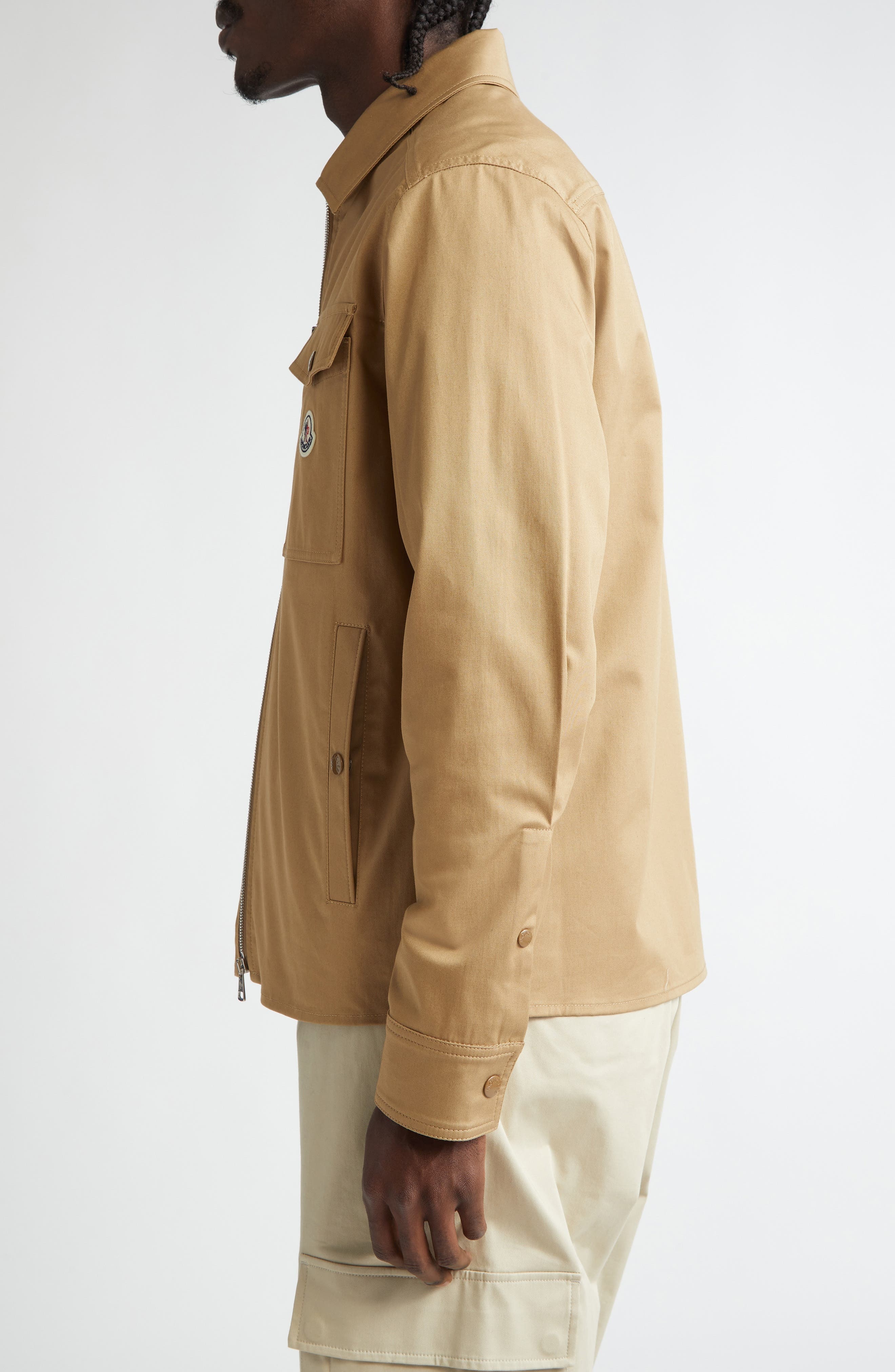 Moncler Camicia Stretch Cotton Zip Shirt Jacket in Caramel at Nordstrom - 3