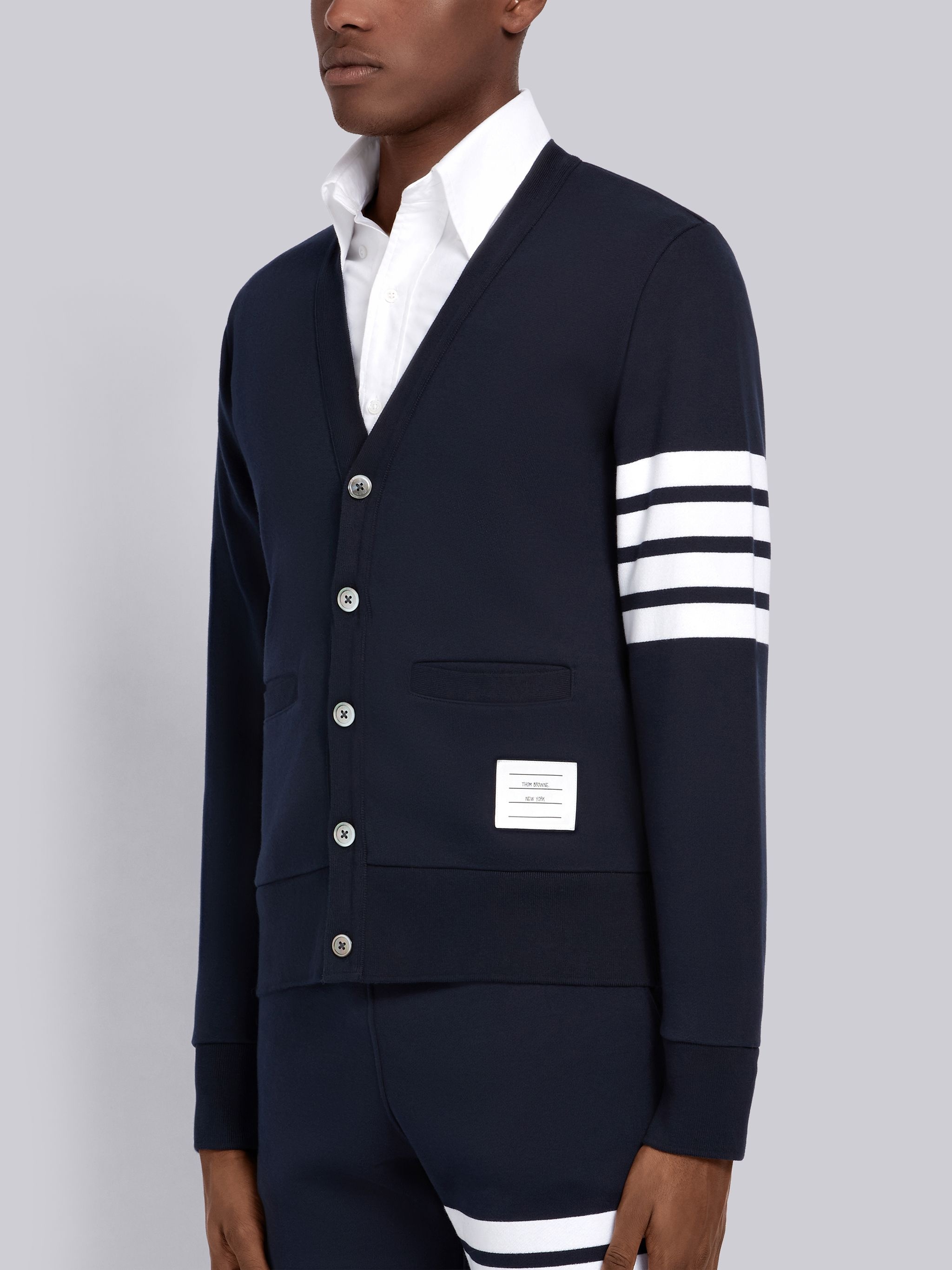 Navy 4-Bar Loopback Jersey V-Neck Cardigan - 2