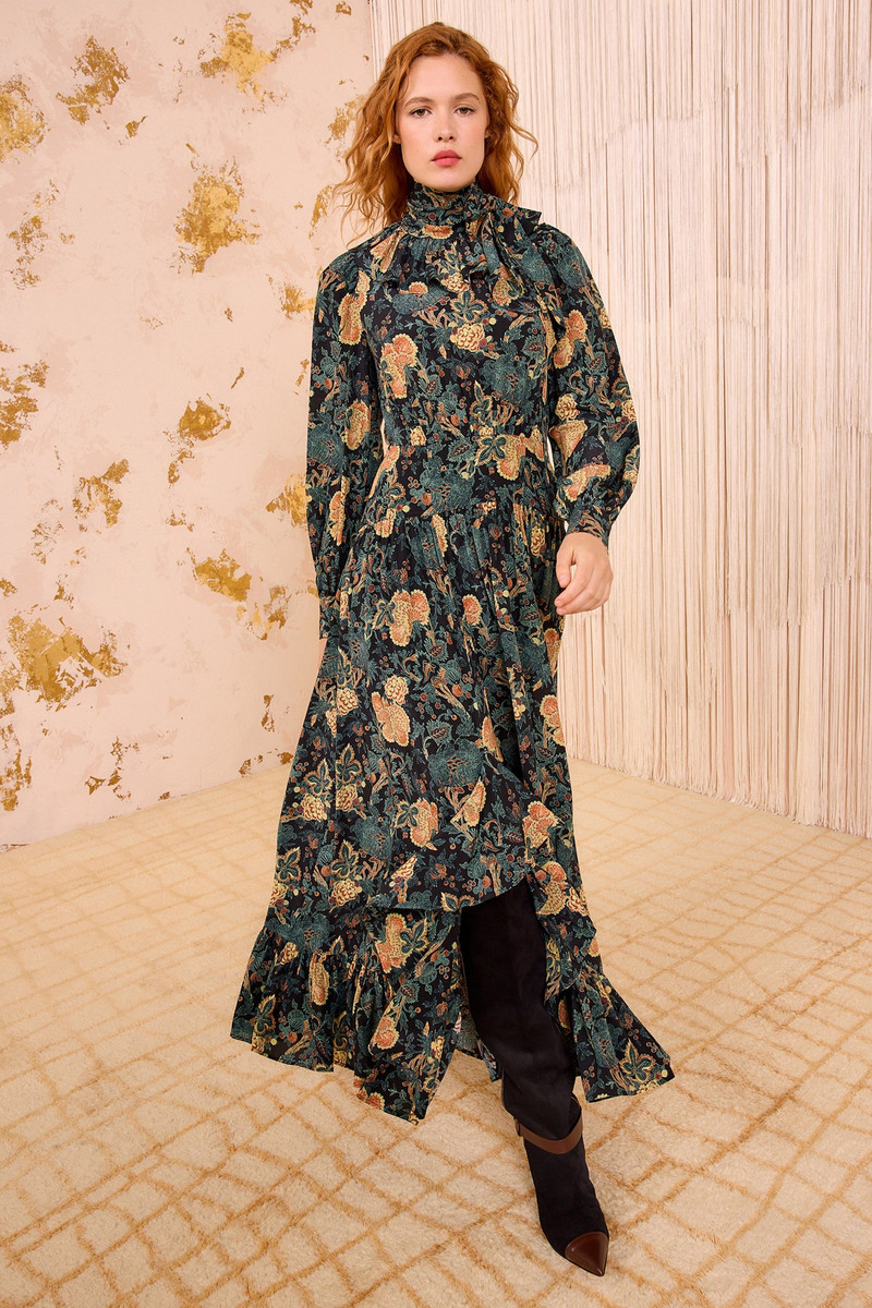 ULLA JOHNSON Circe Silk Long Sleeve Neck–Tie Dress outlook