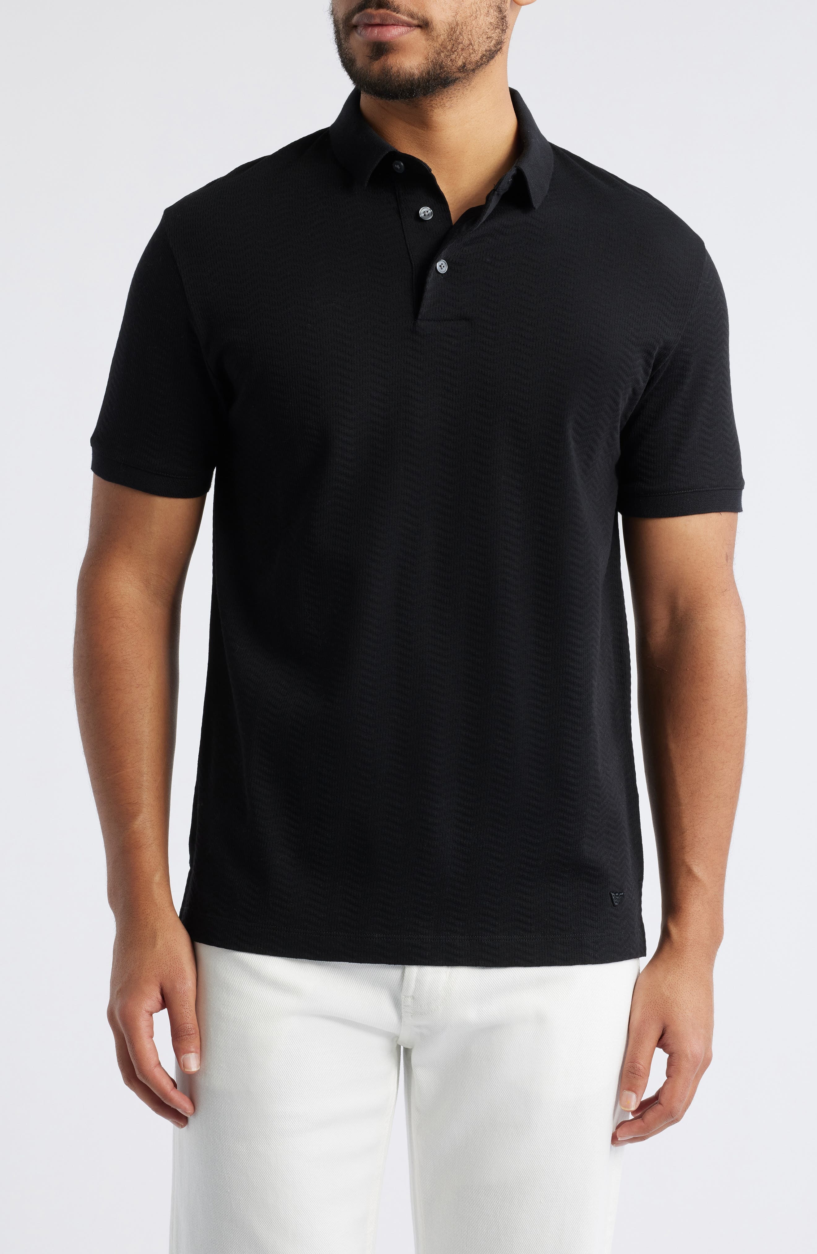 Emporio Armani Tonal Textured Wave Cotton Polo in Black at Nordstrom - 1