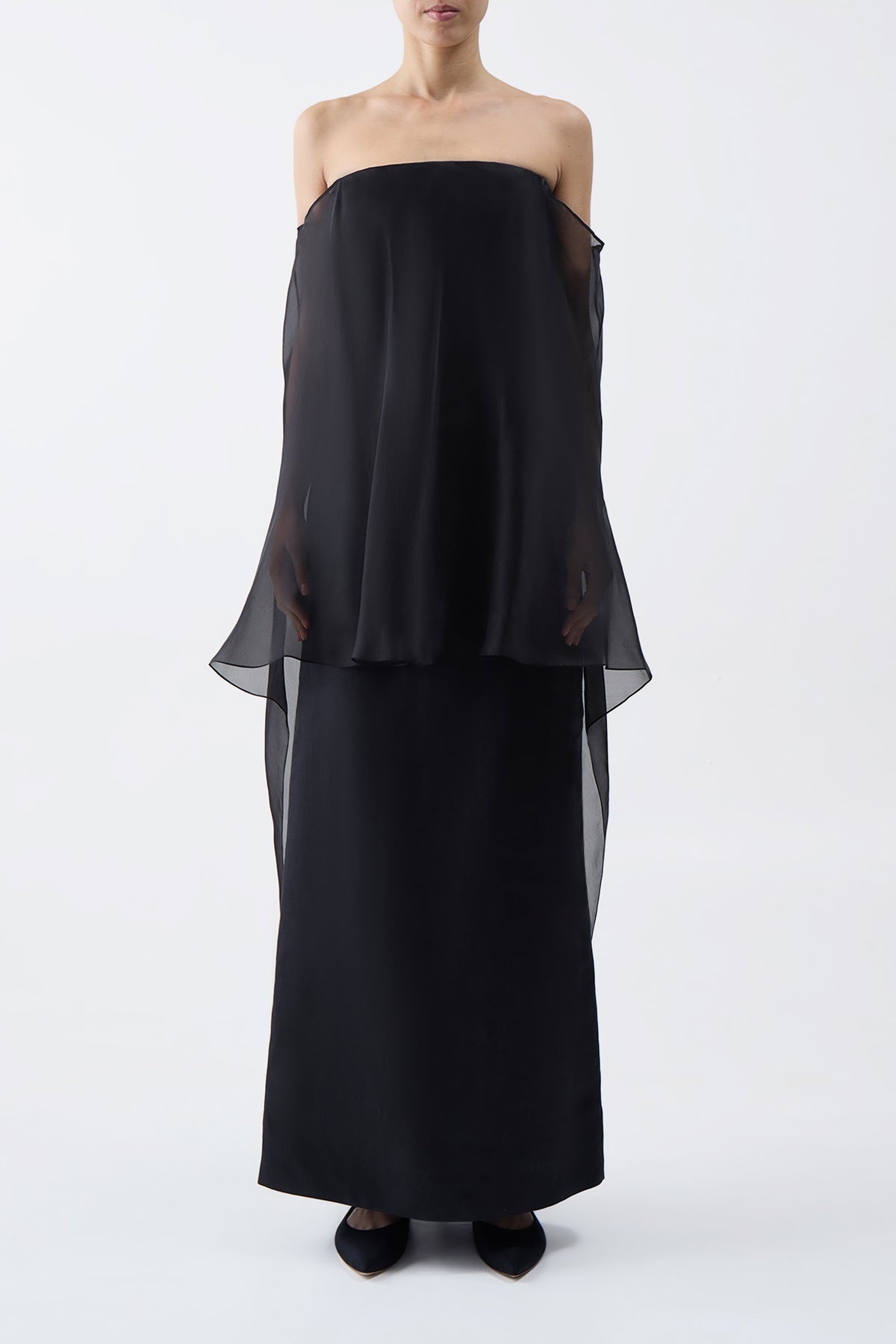 Marisha Dress in Black Textured Linen with Silk Organza Sheer Cape - 2