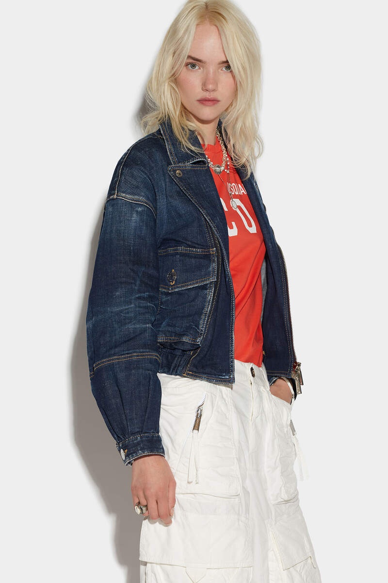 DARK CLEAN WASH CROP BIKER JACKET - 3