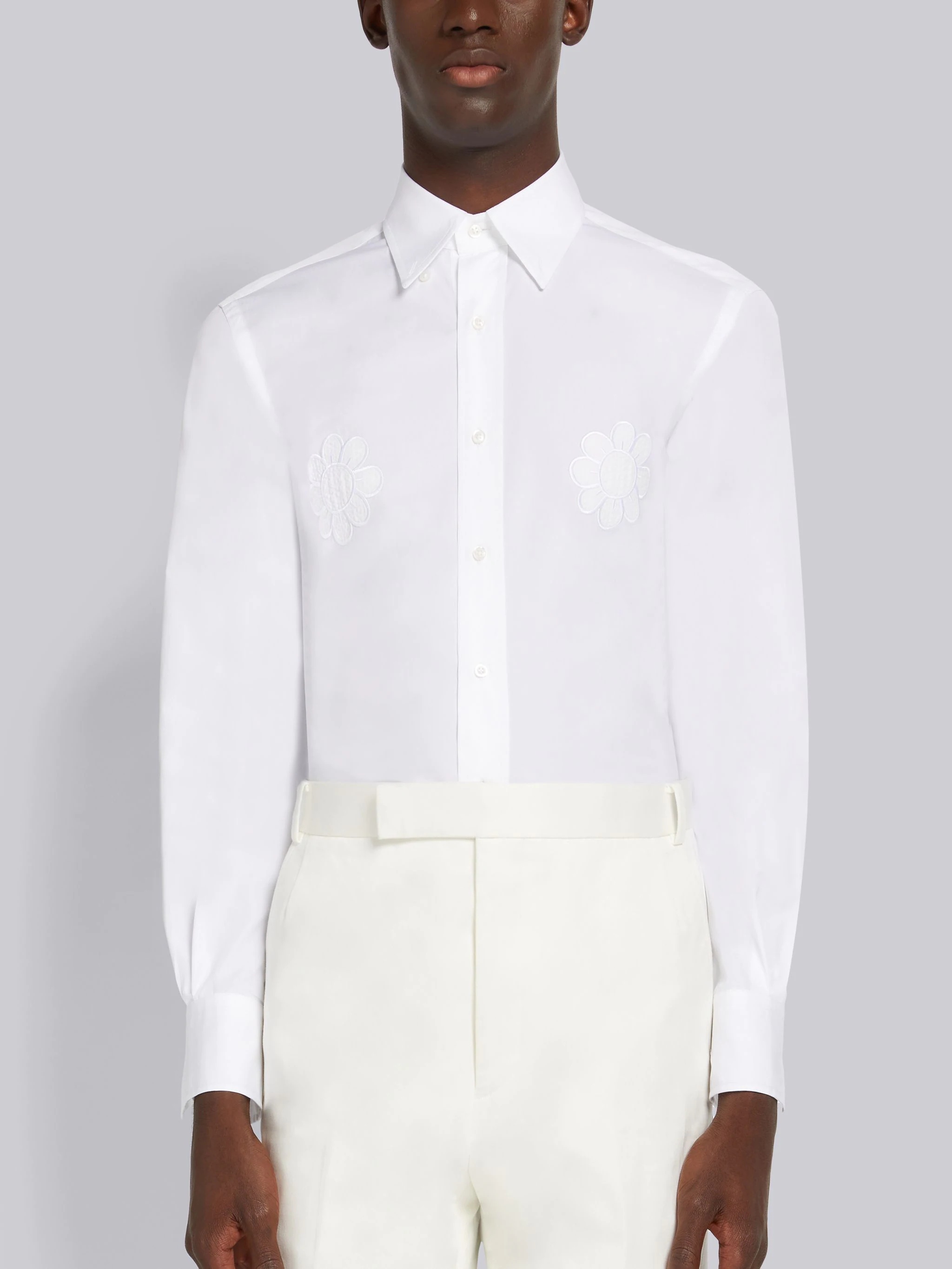 White Satin Stitch Floral Applique Classic Fit Shirt - 1