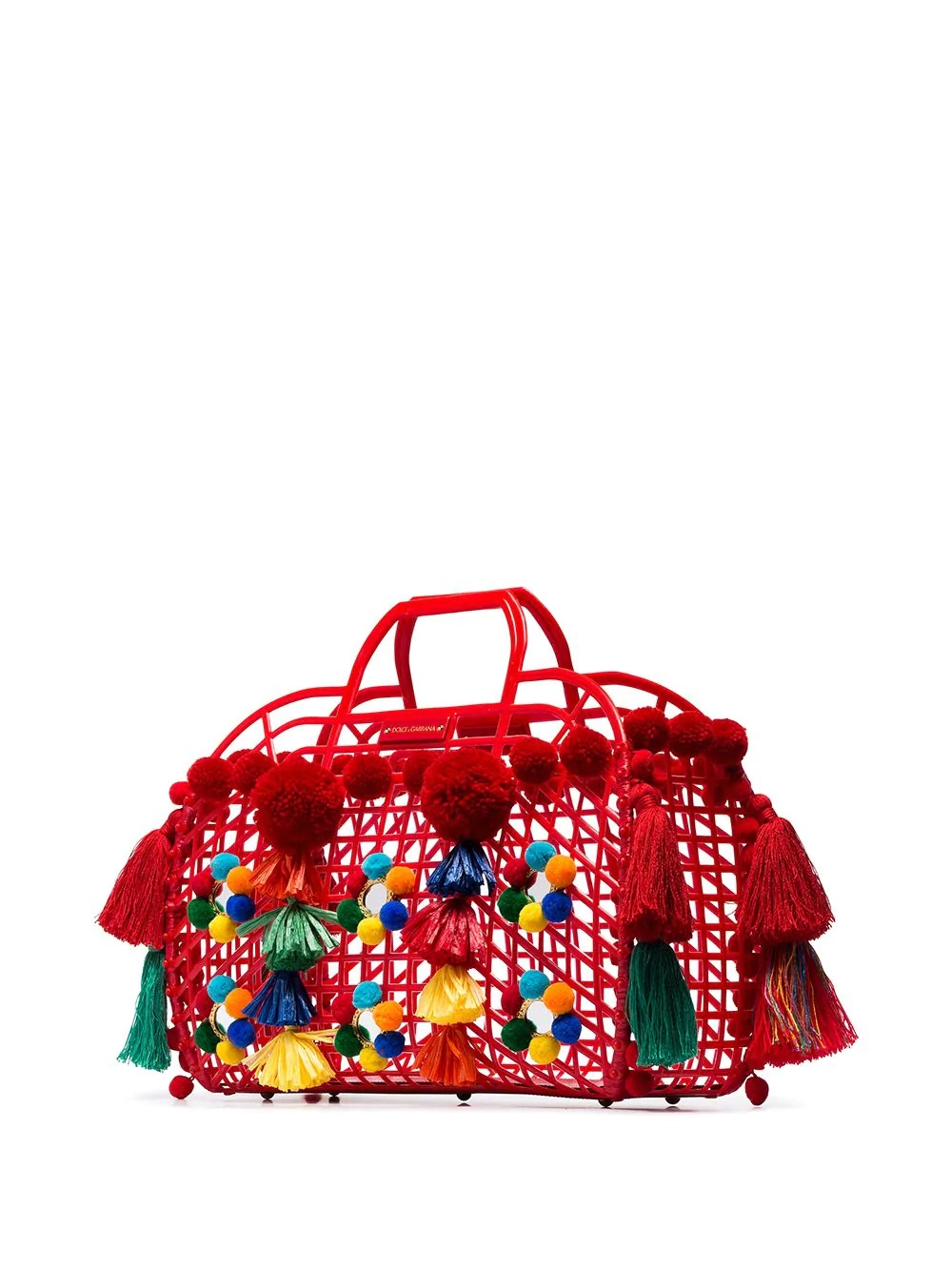 Red Gomma + Ricamo pom-pom embellished leather trim tote bag - 4