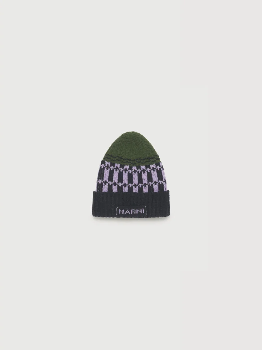 GREEN WOOL BEANIE WITH GEOMETRIC MOTIF - 1