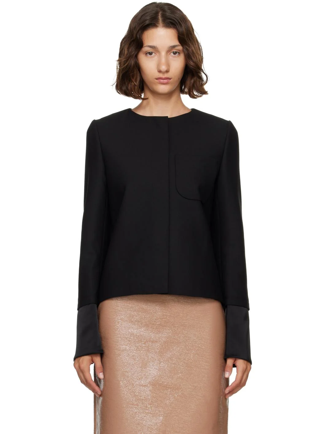 Black Satin Details Tailored Jacket - 1