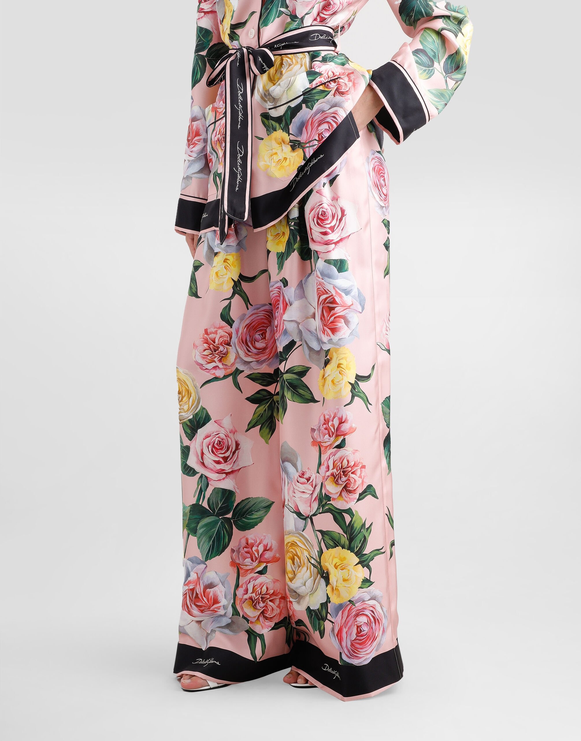 Silk pajama pants with rose and peony print - 4