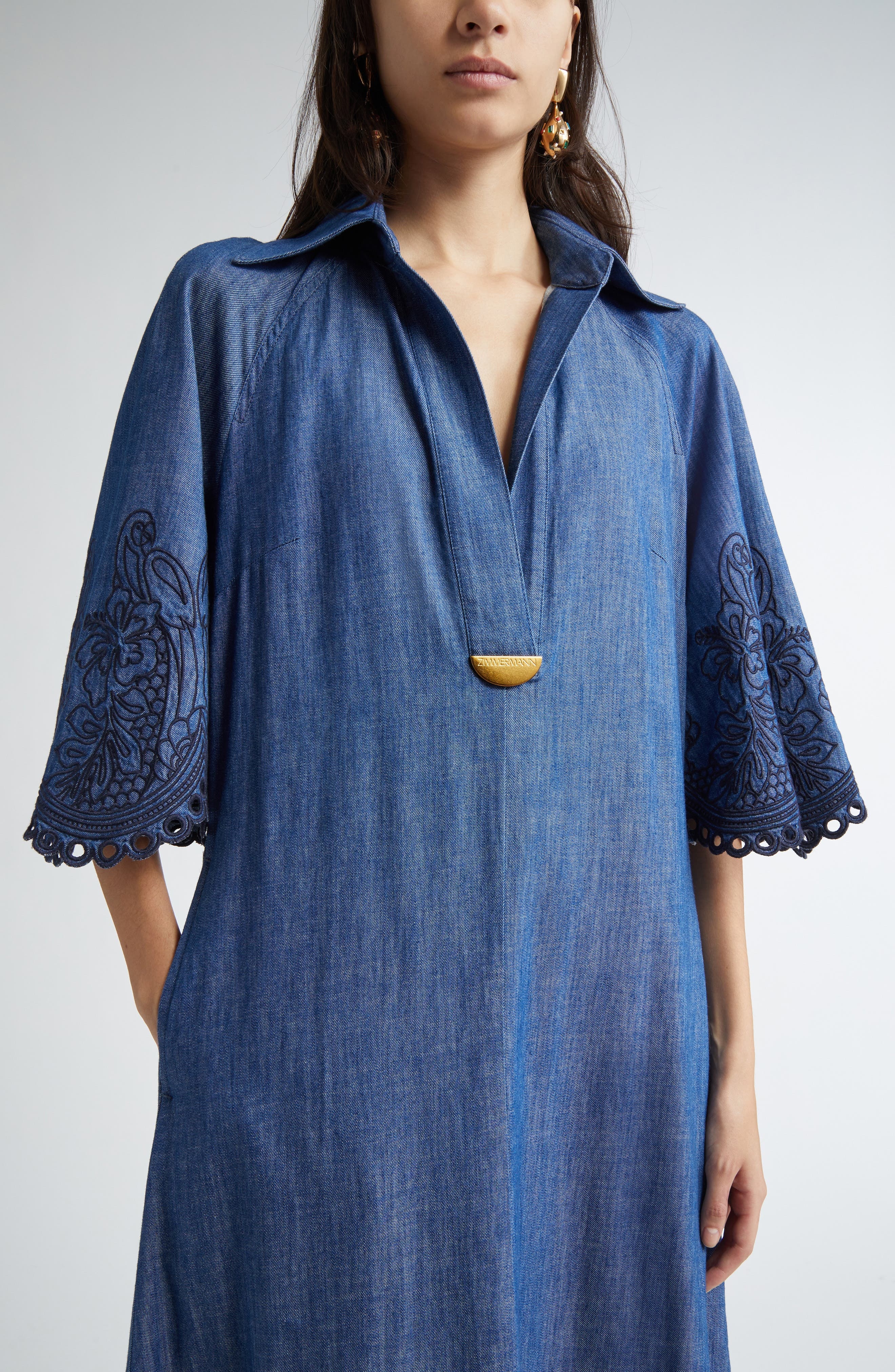 Zimmermann Coco Embroidered Denim Caftan Dress in Railway Blue at Nordstrom - 4