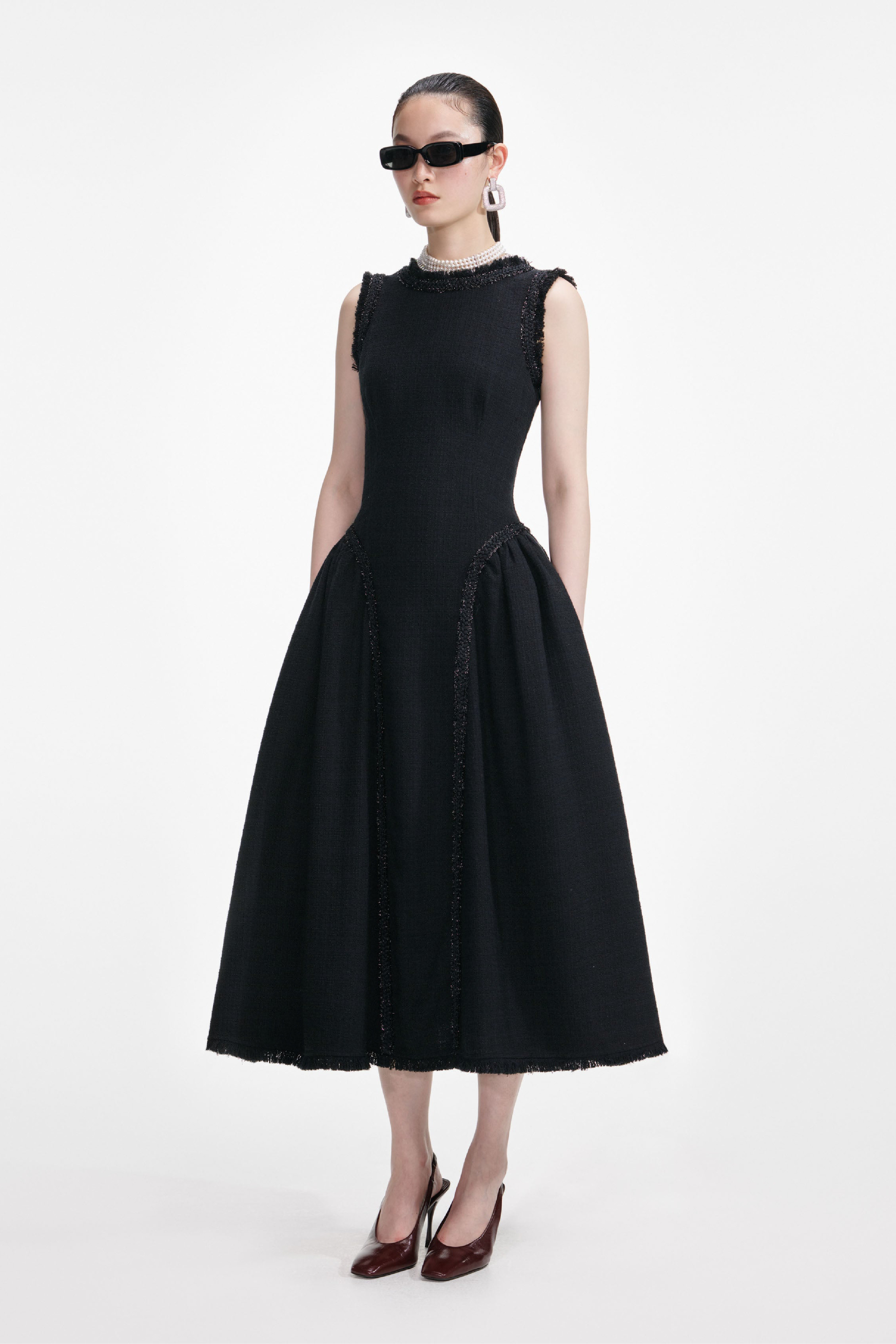 BLACK BOUCLE SLEEVELESS MIDI DRESS - 2
