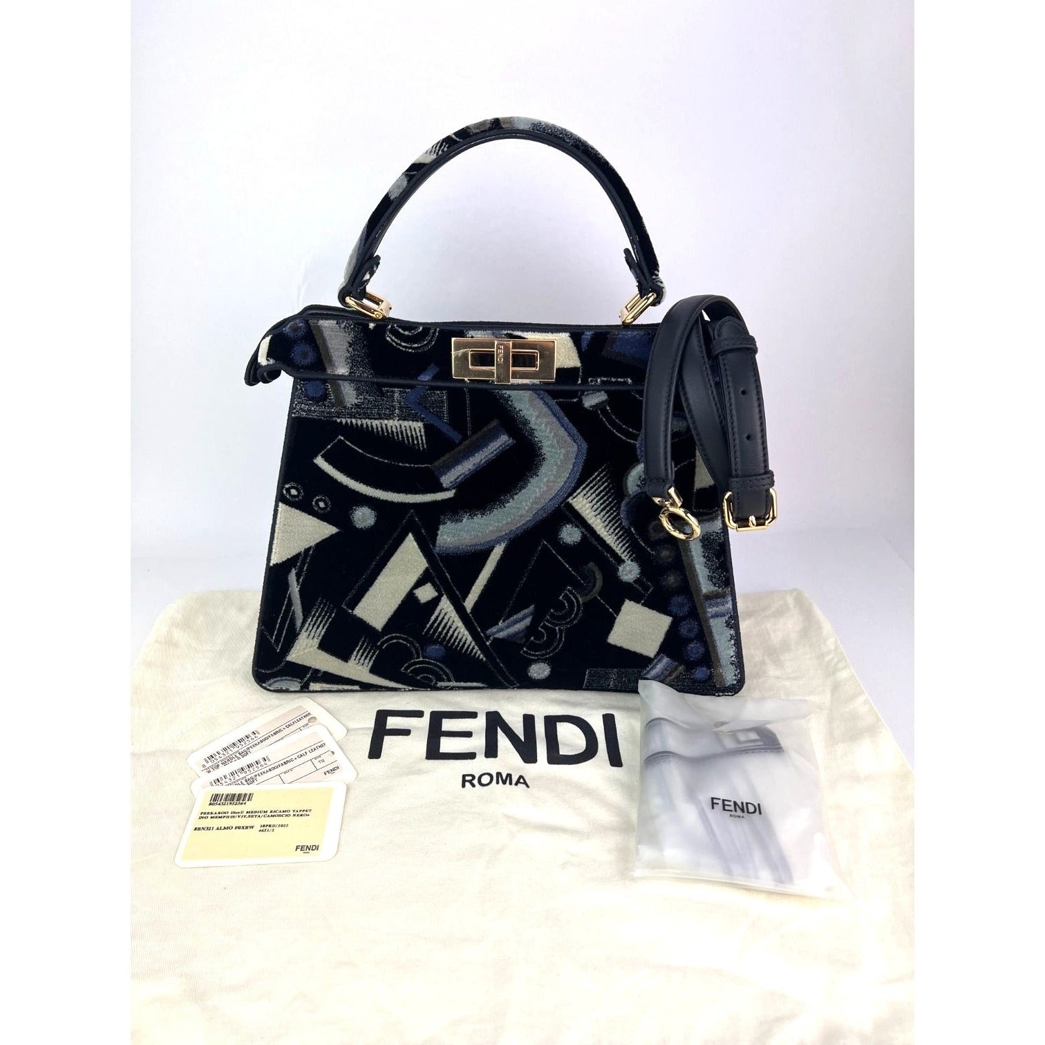 Fendi Peekaboo I see u Medium Printed Velvet Black Blue Satchel Shoulder Bag - 2