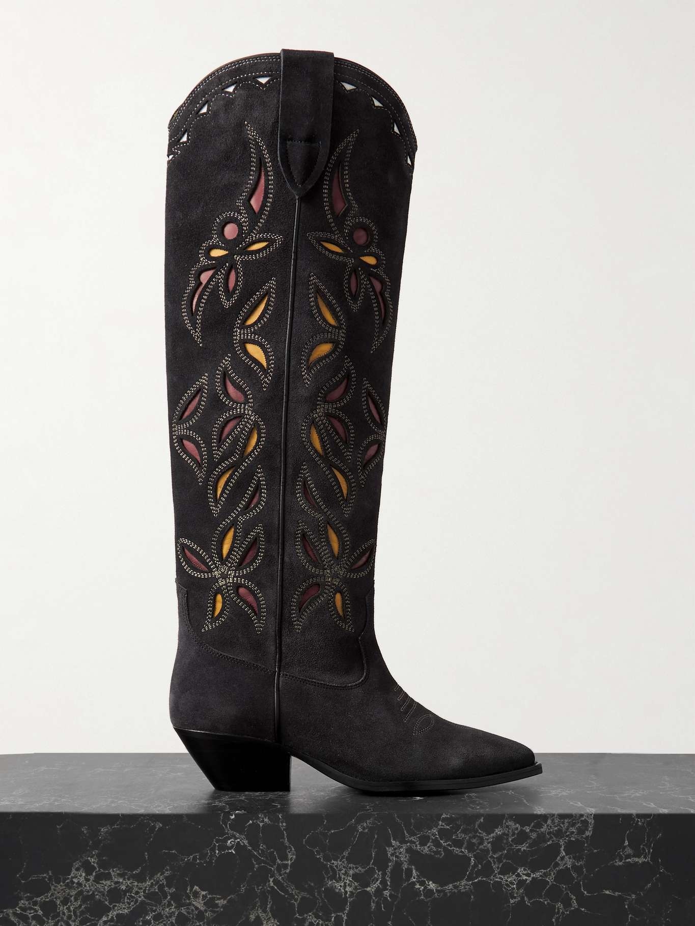 Denvee cutout embroidered leather-trimmed suede knee boots - 1