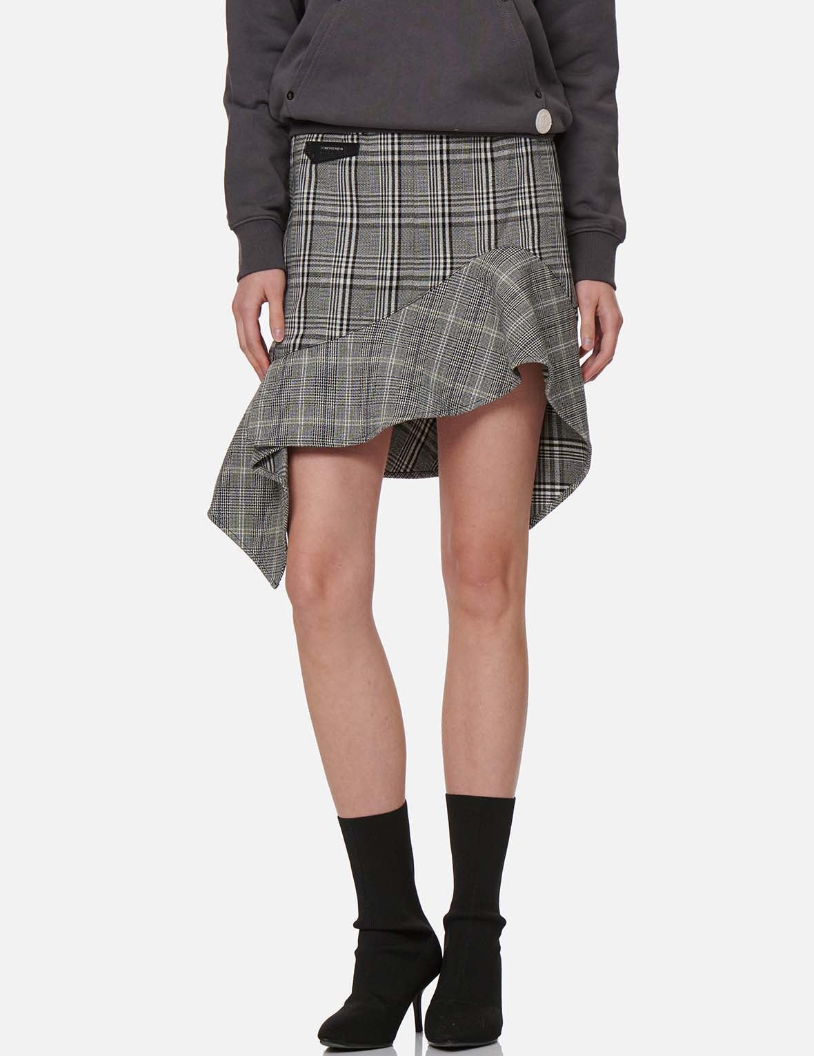 Asymmetric Ruffle Mixed Plaid Skirt - 3