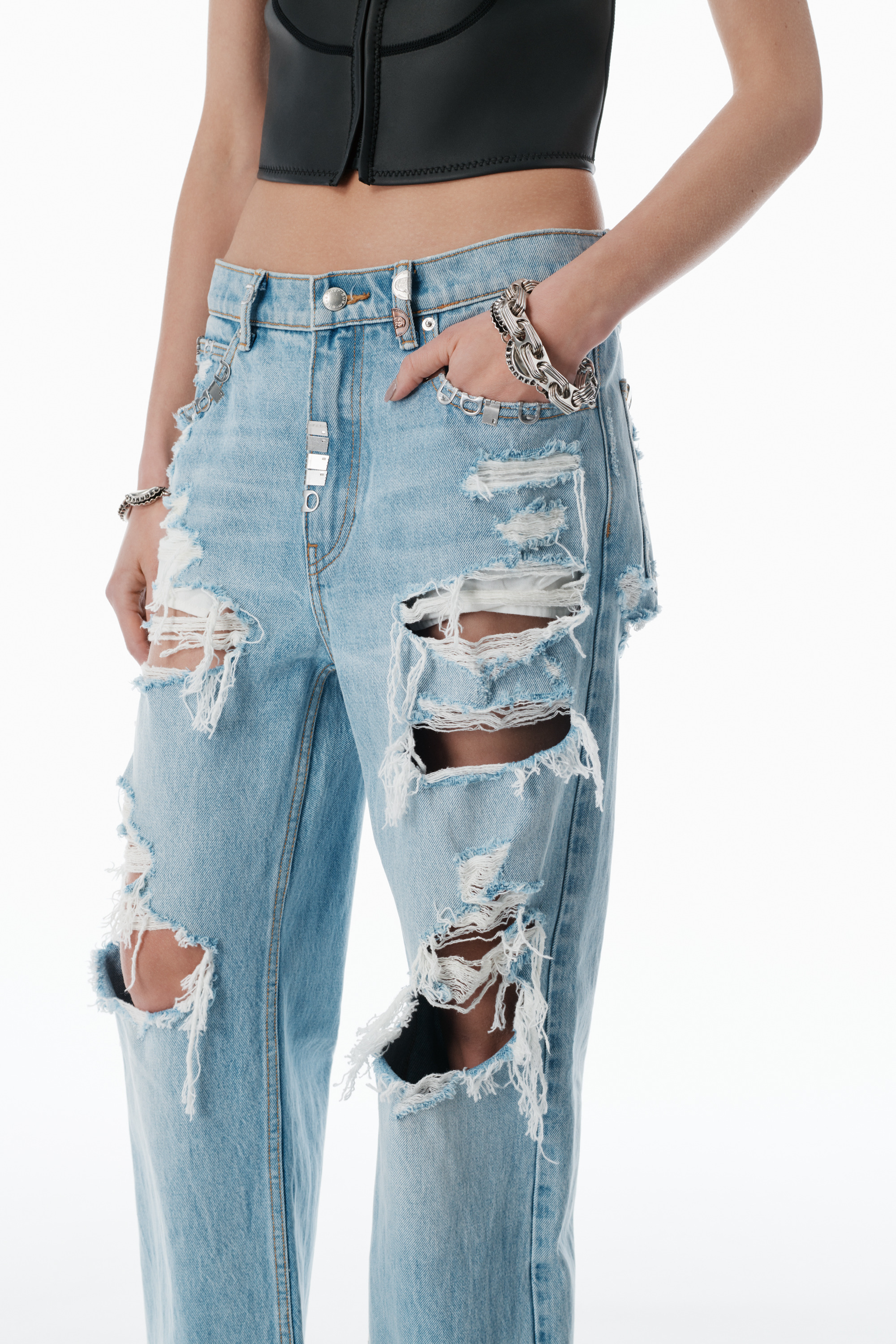 distressed ez mid-rise jeans with hardware - 3
