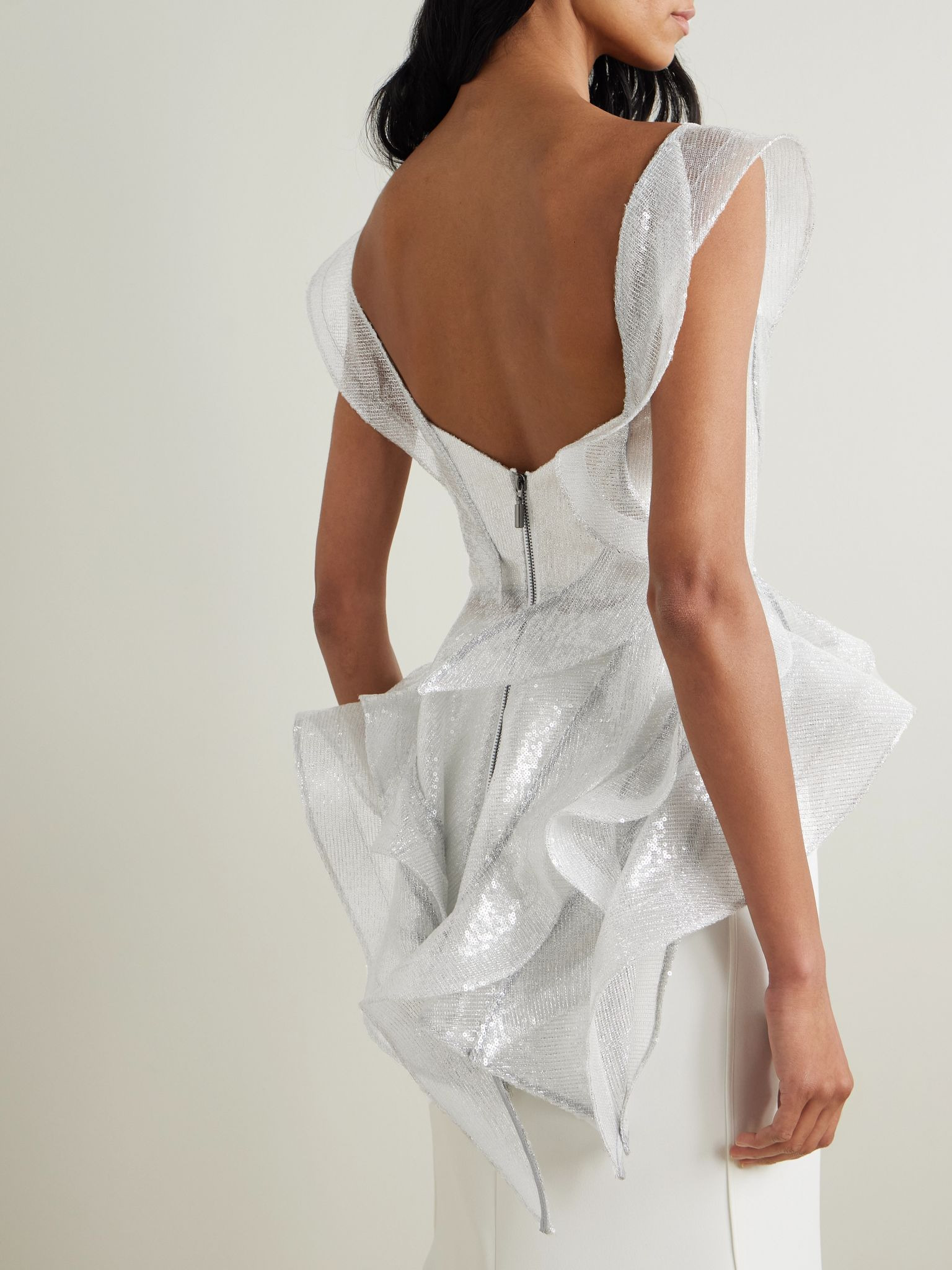 Liora Wave asymmetric ruffled sequined mesh top Off-white - 3