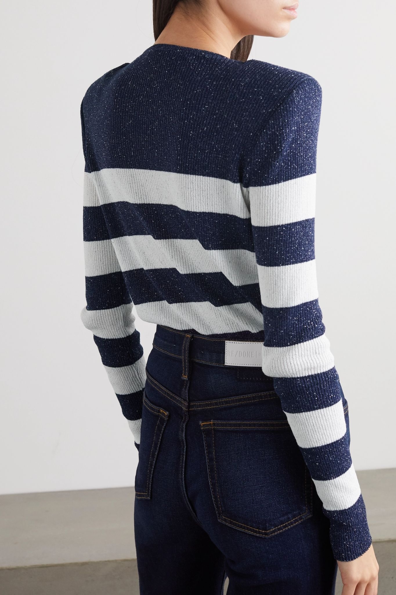 Button-embellished metallic striped ribbed-knit sweater - 4