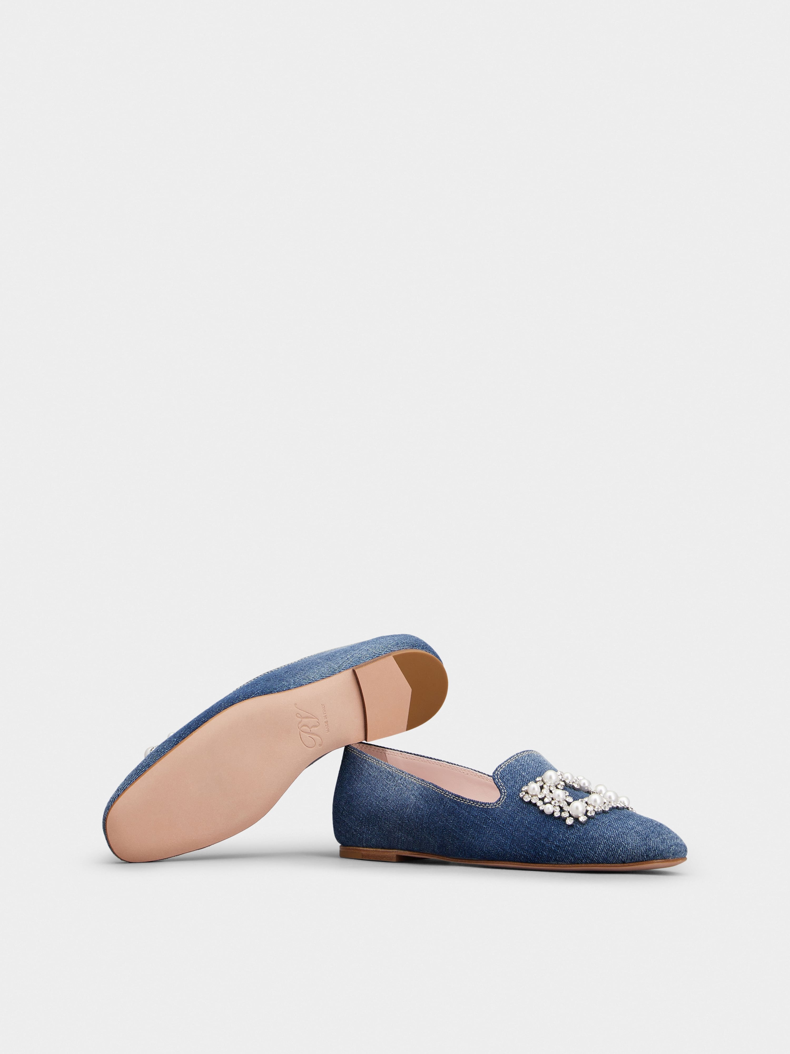 Pearl Embroidered Buckle Loafers in Denim - 6
