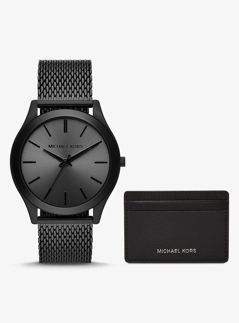Oversized Slim Runway Black-Tone Watch and Card Case Gift Set - 1