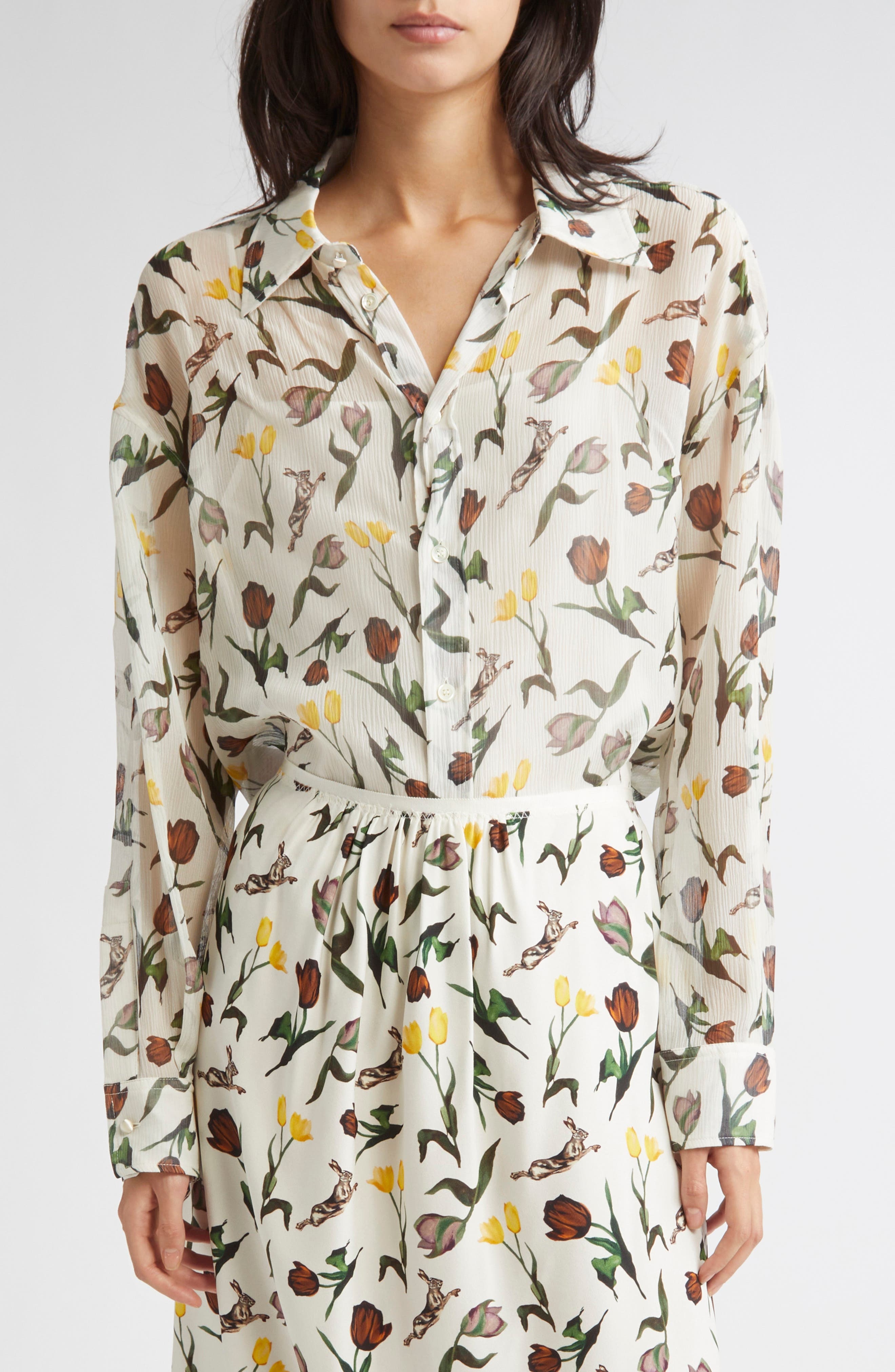 Marni Tulips & Hares Sheer Chiffon Button-Up Shirt in Thw04 Limestone at Nordstrom - 5