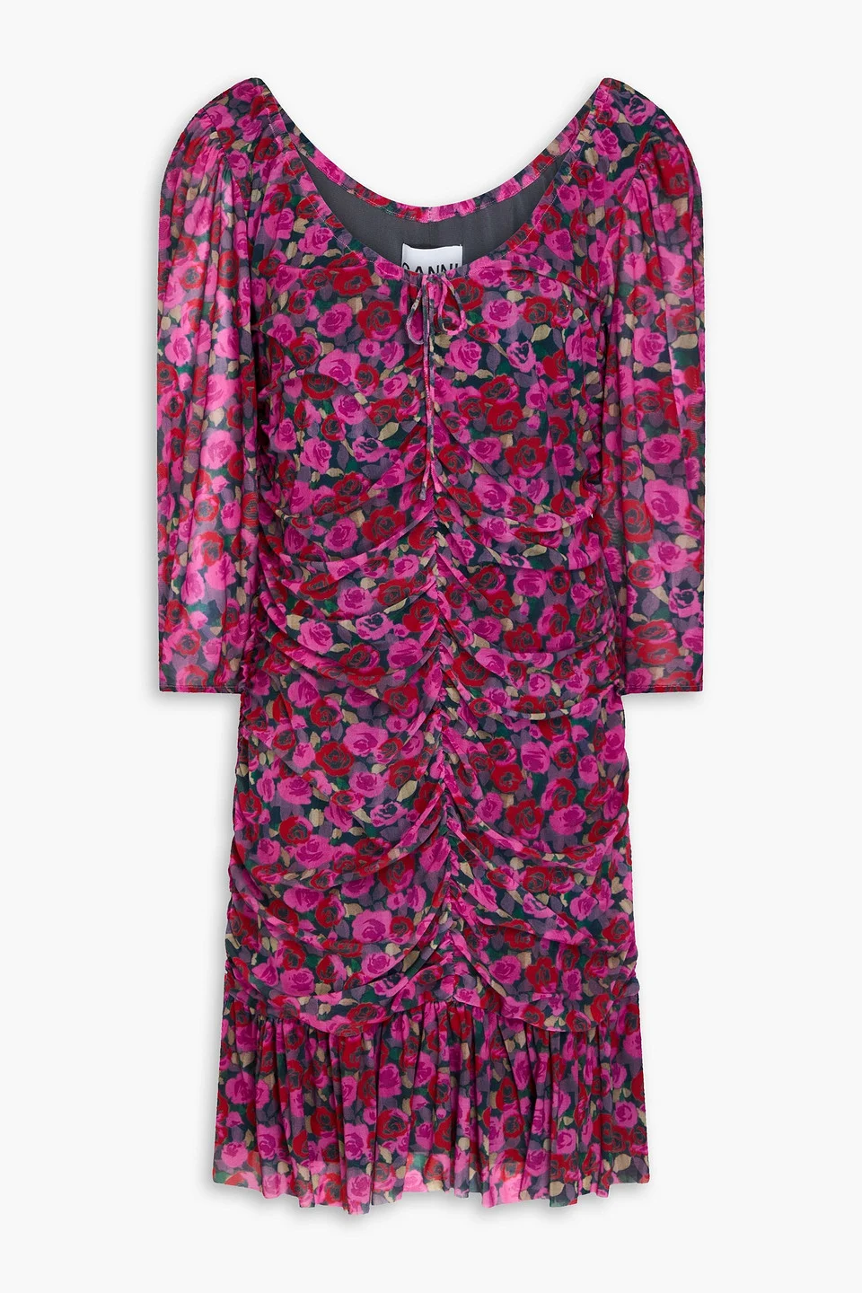 Ruched floral-print stretch-satin mini dress - 1