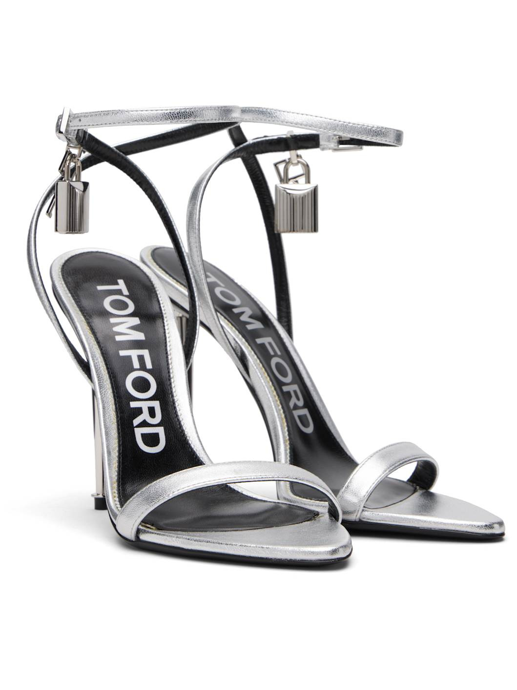 Silver Nappa Padlock Pointy Naked Heeled Sandals - 4