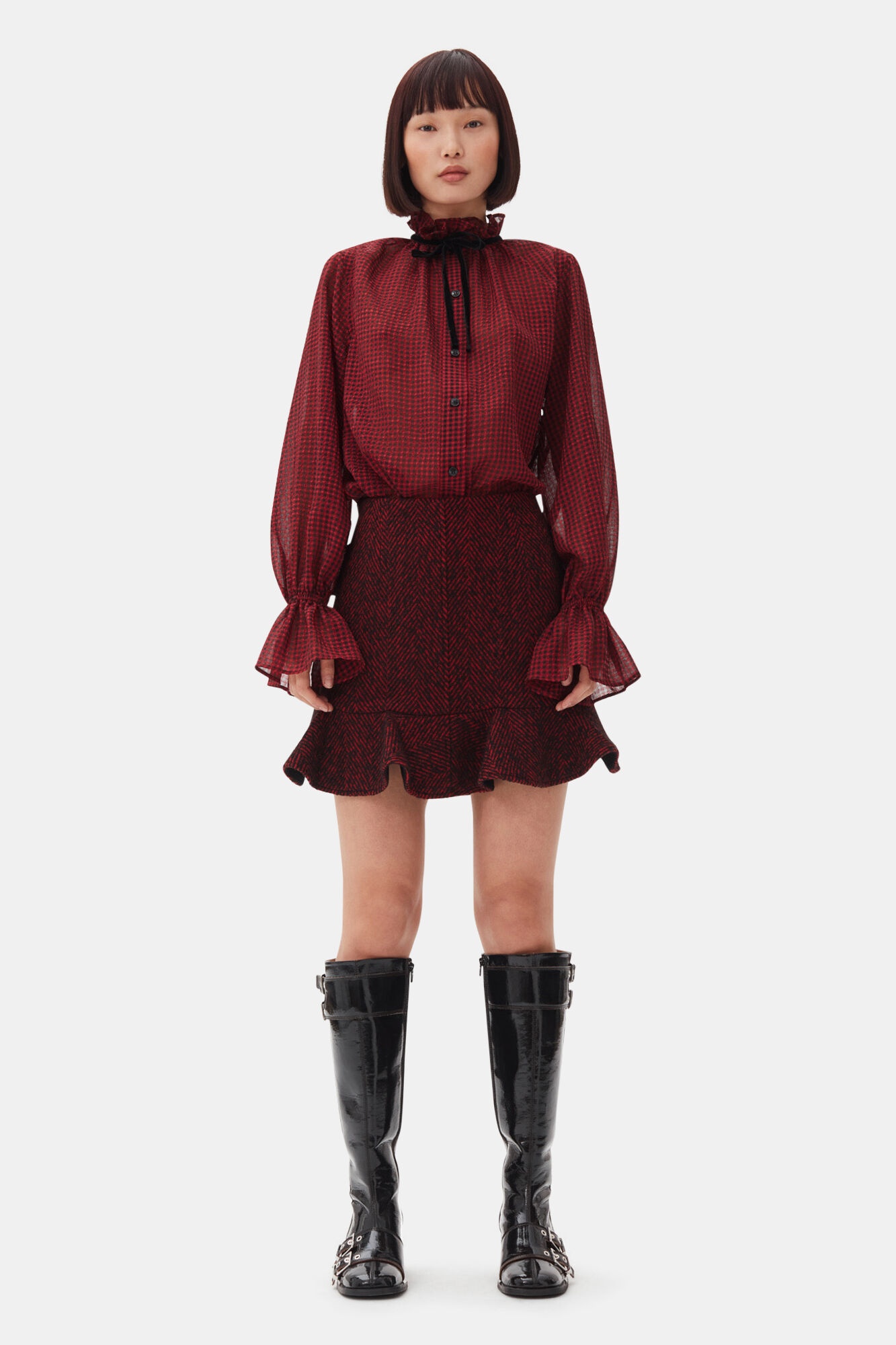 RED HERRINGBONE WOOL MINI SKIRT - 2