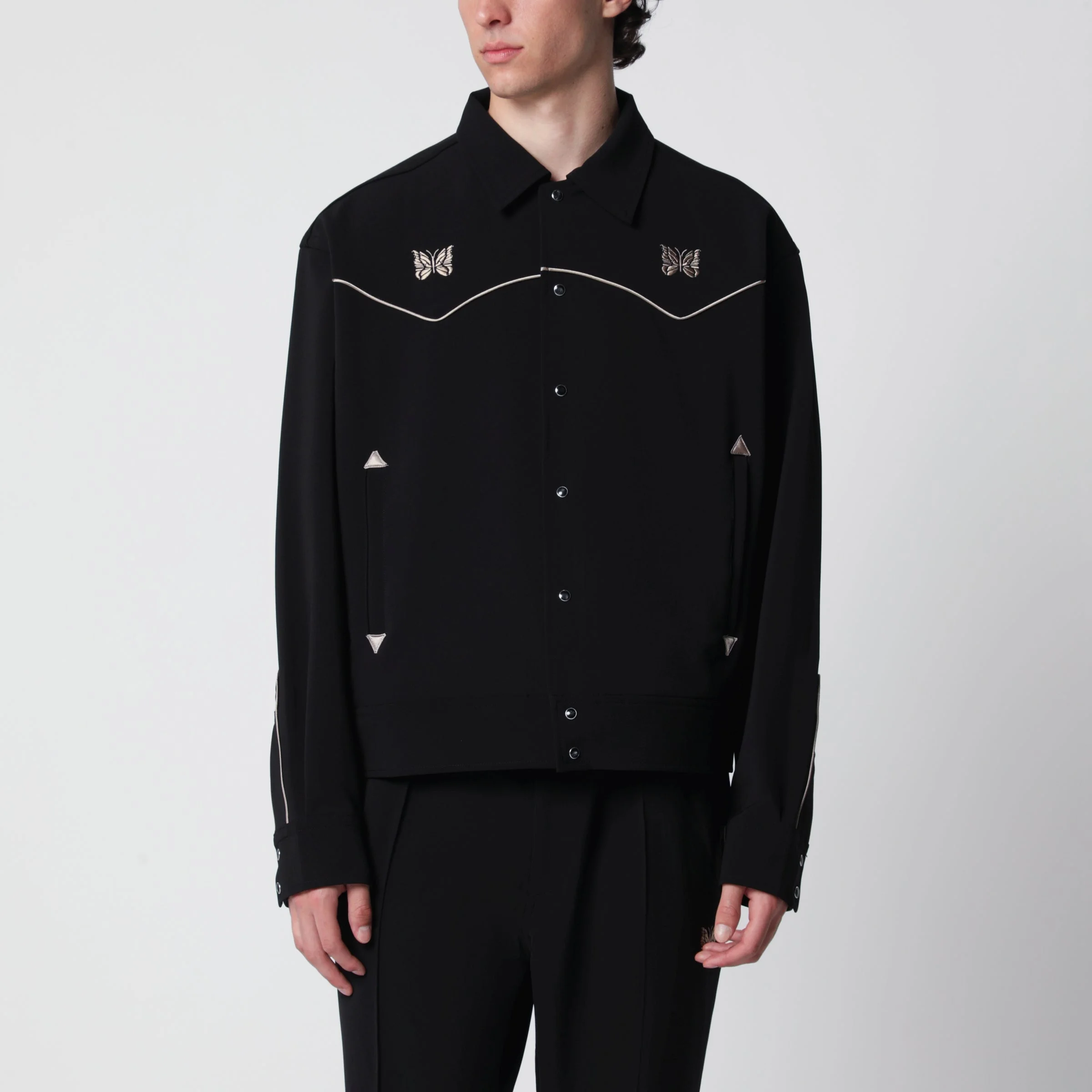 Piping cowboy jacket in stretch polyester black - 1