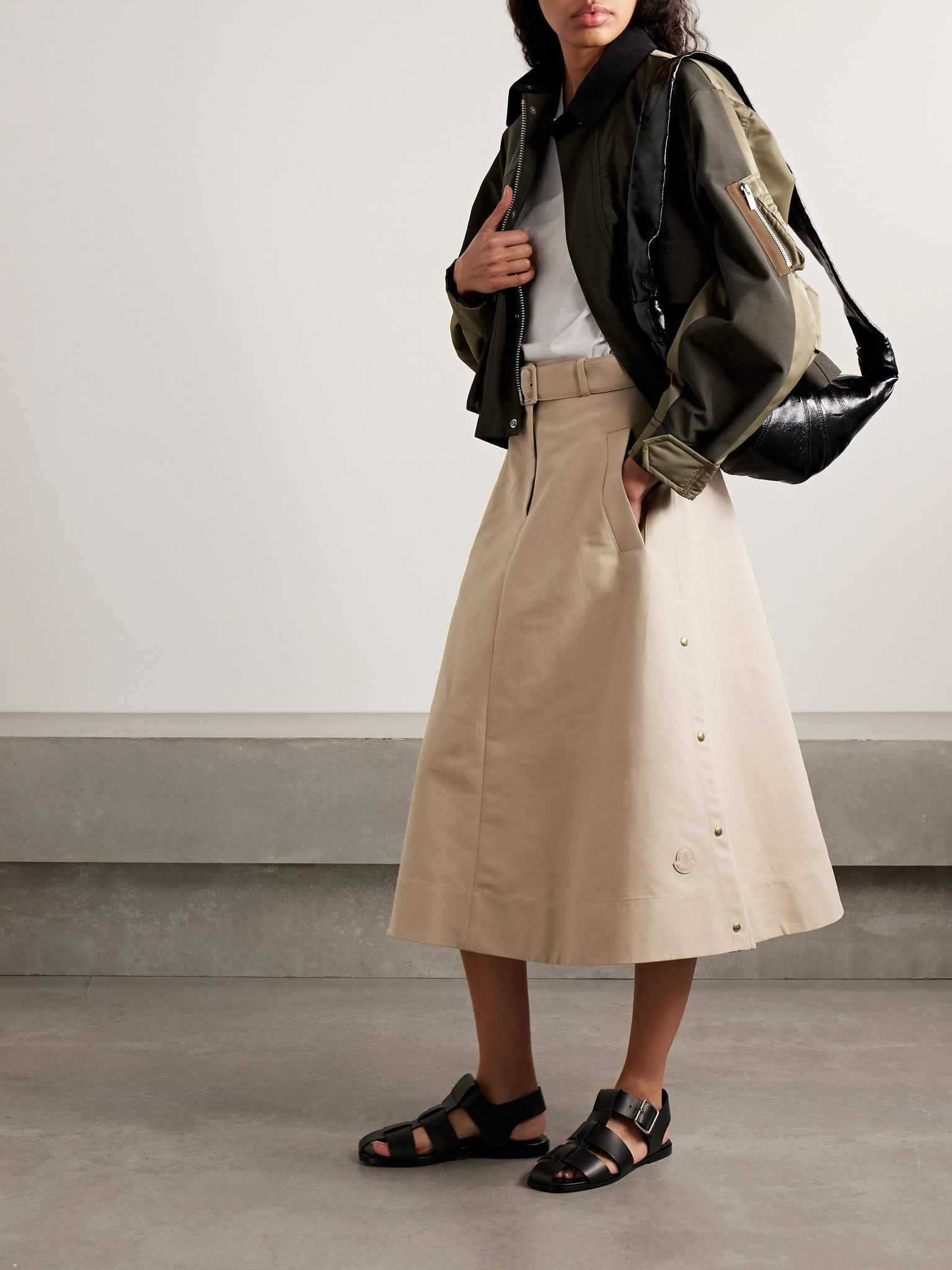 Belted cotton-gabardine midi skirt Tan - 2