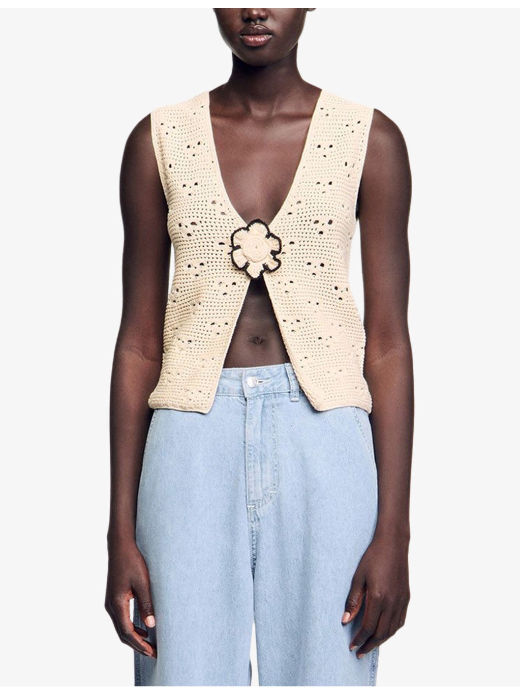 Flower-Embroidered V-Neck Sleeveless Crochet Cardigan - 3