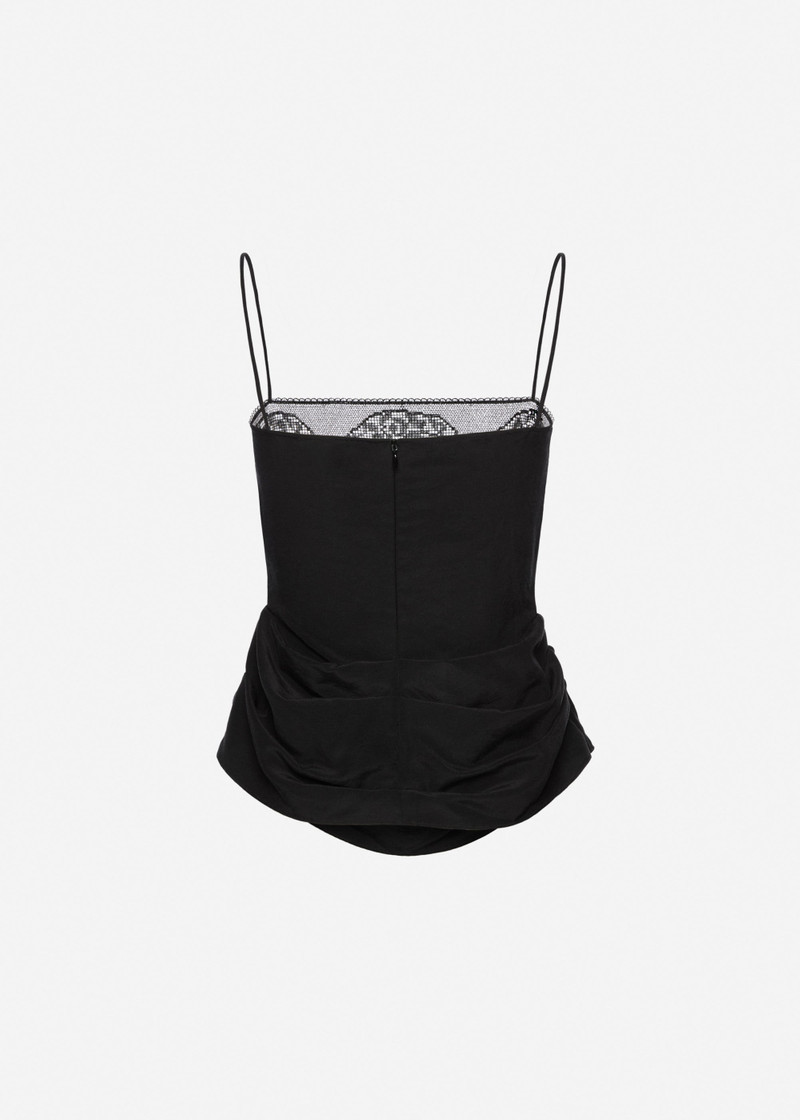 Draped silk lace-trim top in black 2