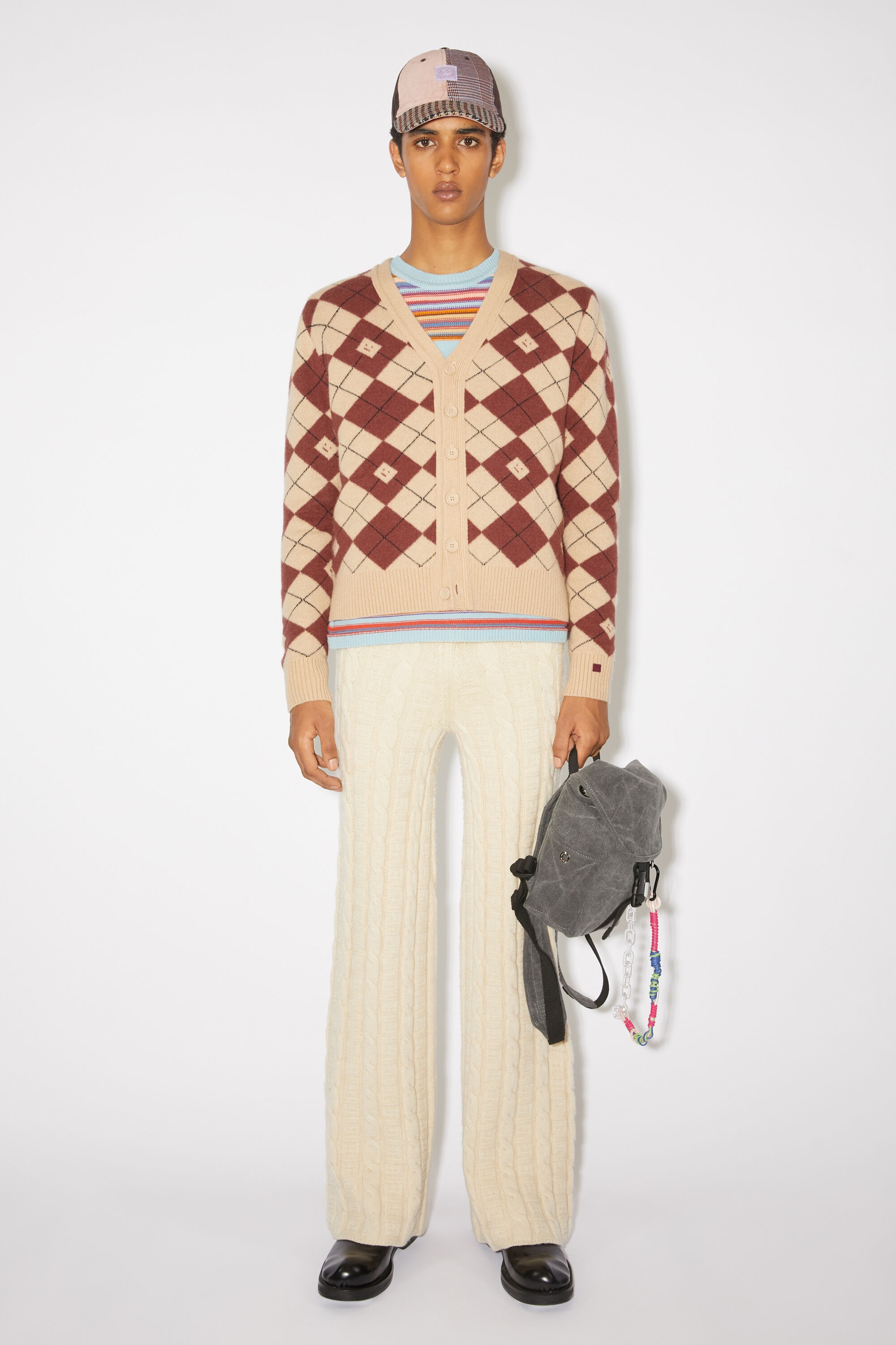 Argyle jacquard cardigan - Biscuit beige/deep red - 2