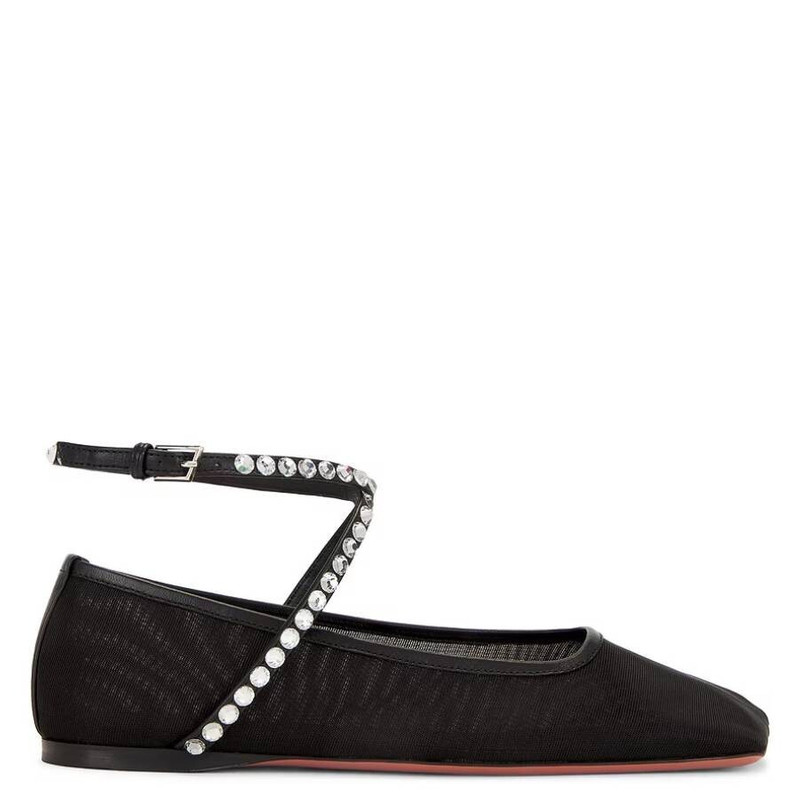 Amina Muaddi Ladies Mesh Black / White Ane Crystal Mesh Flats - 1