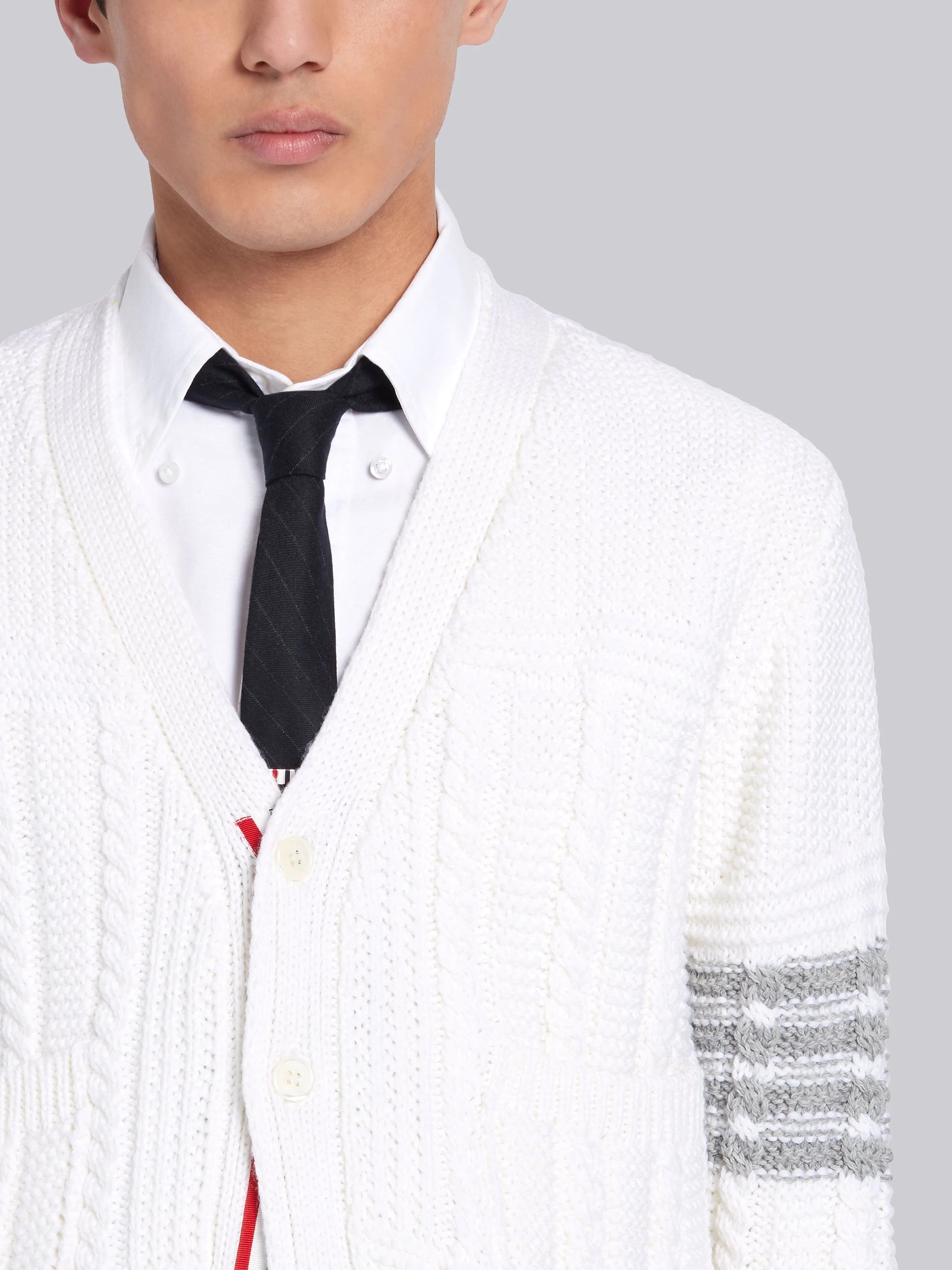 White Fine Merino Wool Aran Cable V-neck 4-Bar Cardigan - 5