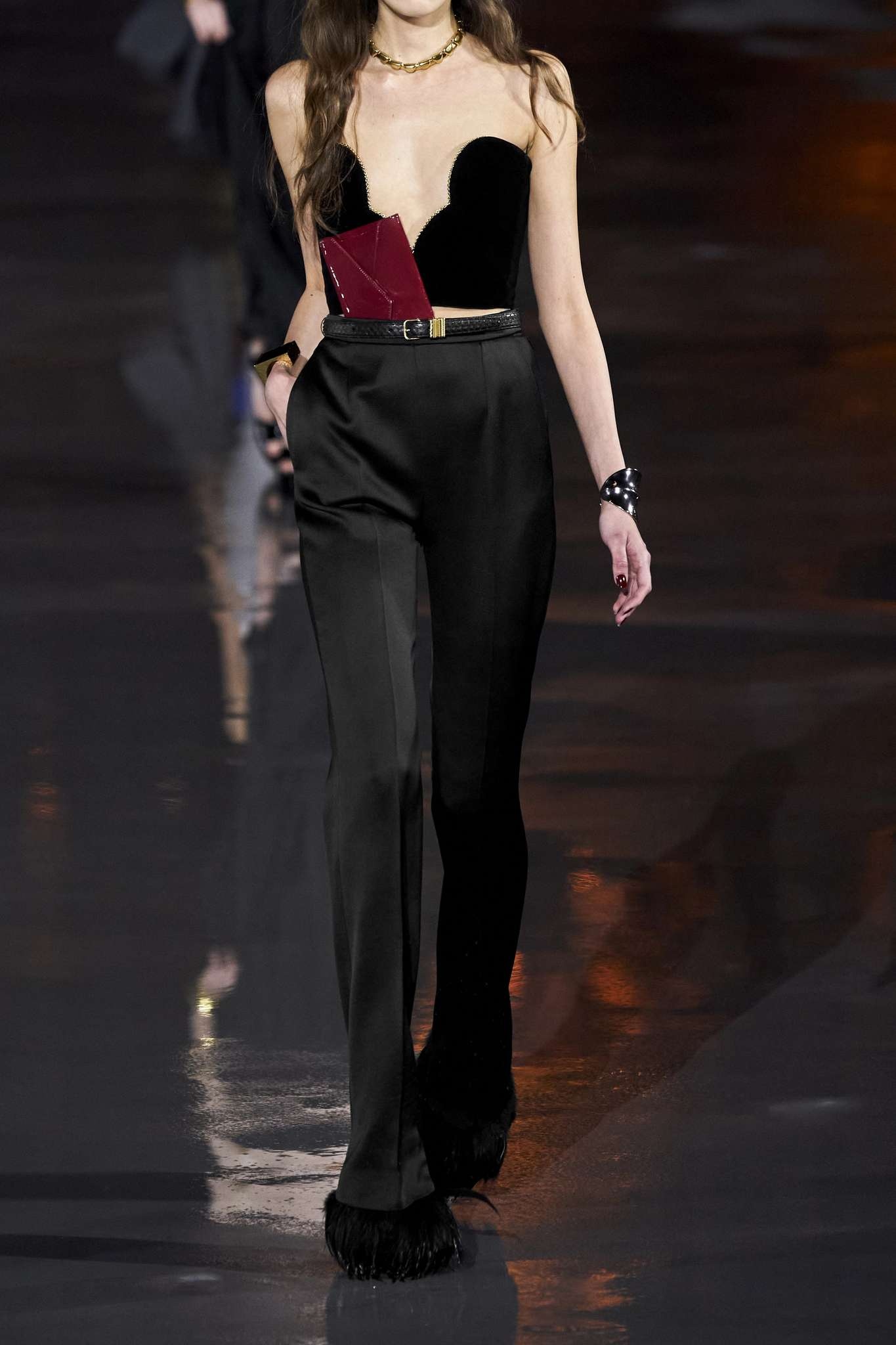 SAINT LAURENT Feather-trimmed satin-crepe straight-leg pants 