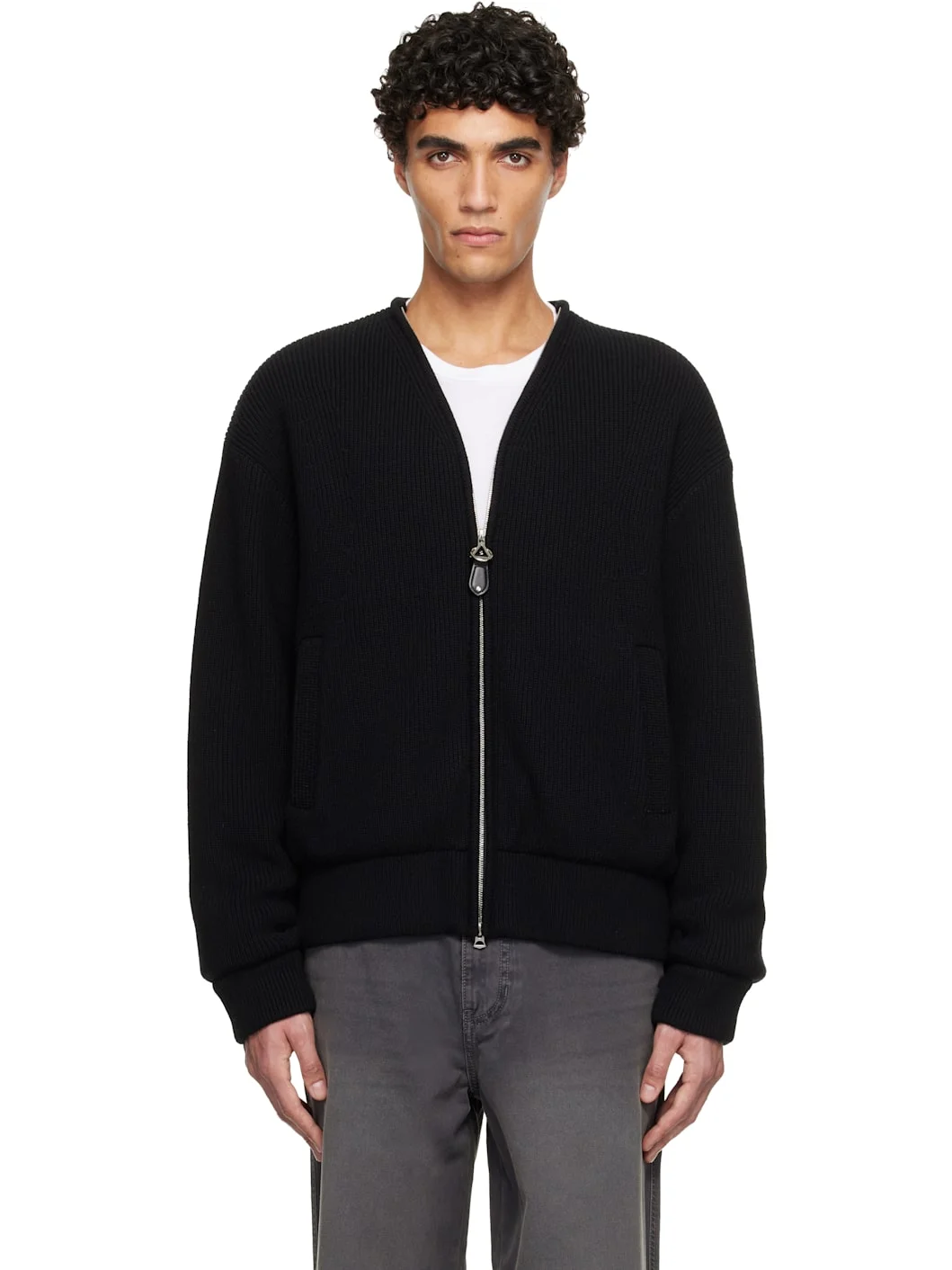 Black Wool Cashmere Knit Zip-Up Jacket - 1