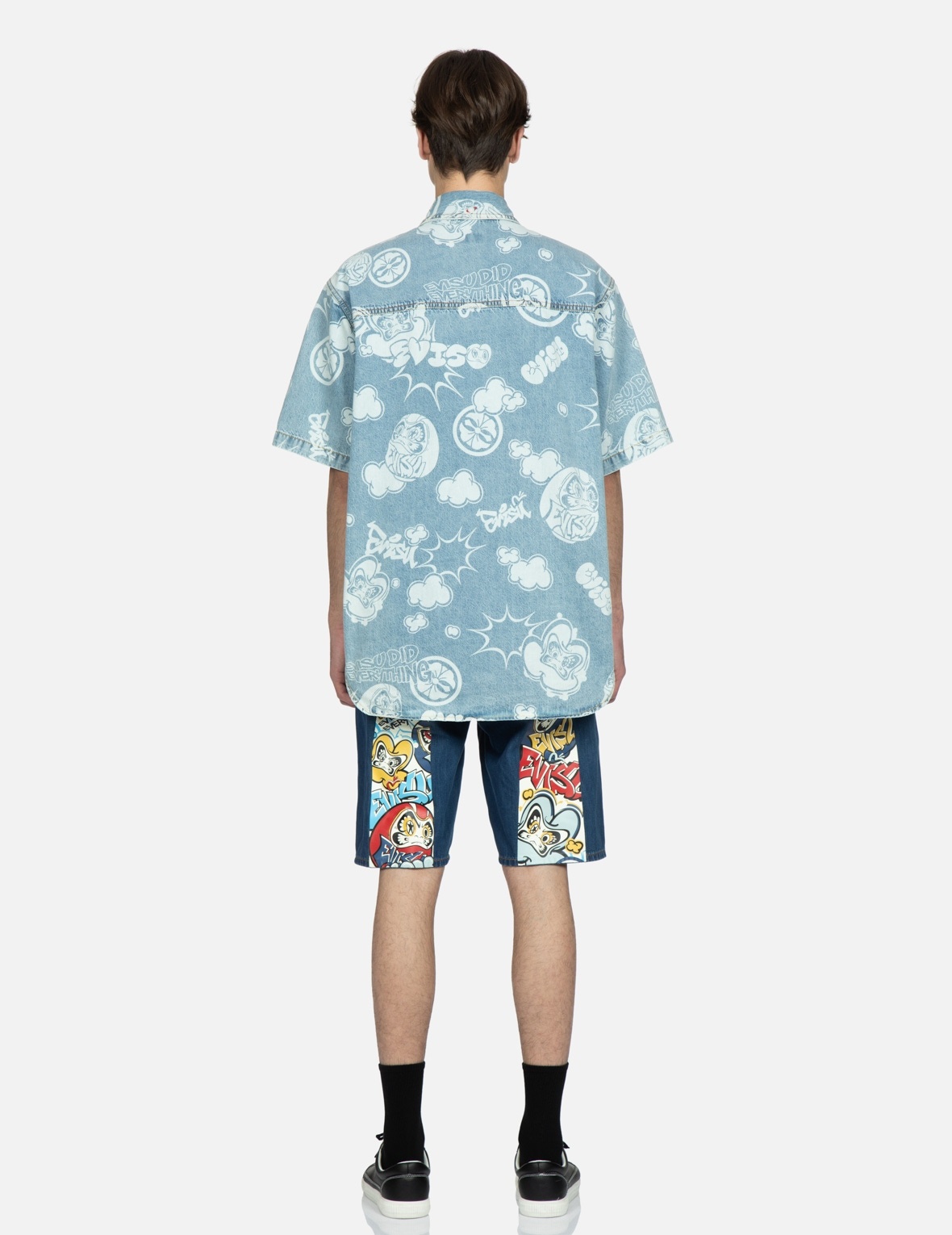 GRAFFITI DARUMA DAICOCK PRINT DENIM SHORTS - 5