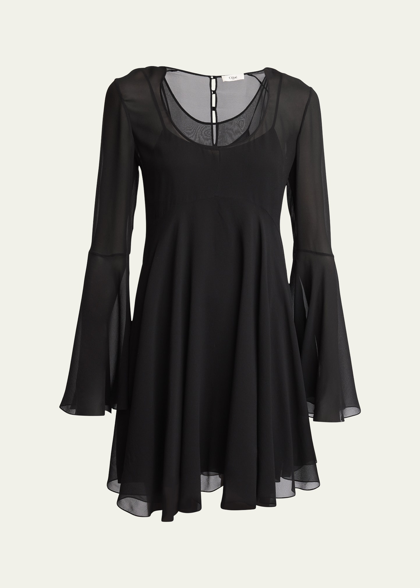 Bell Sleeve Silk Georgette Mini Dress - 1