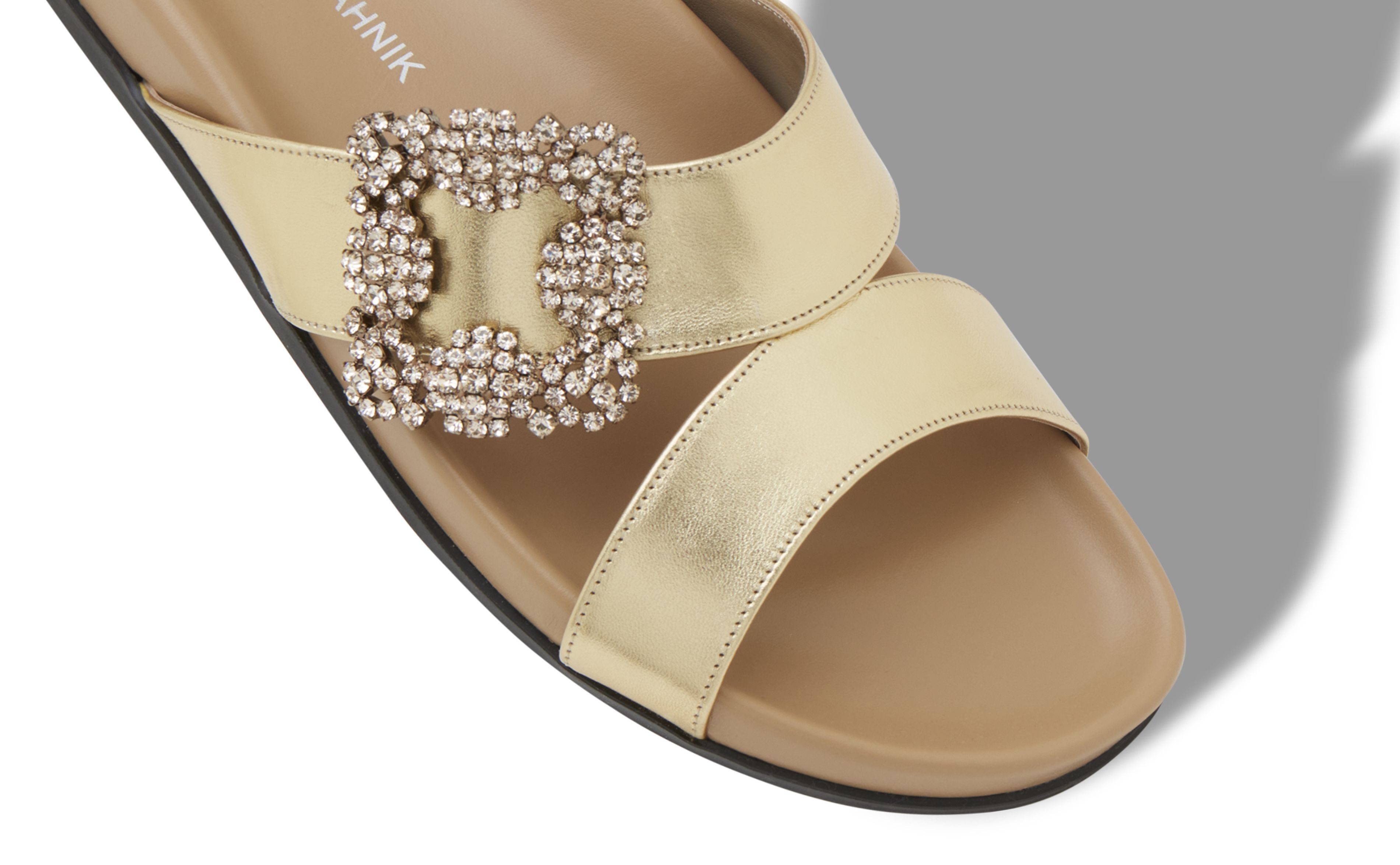 Gold Nappa Leather Jewel Buckle Flat Mules - 4