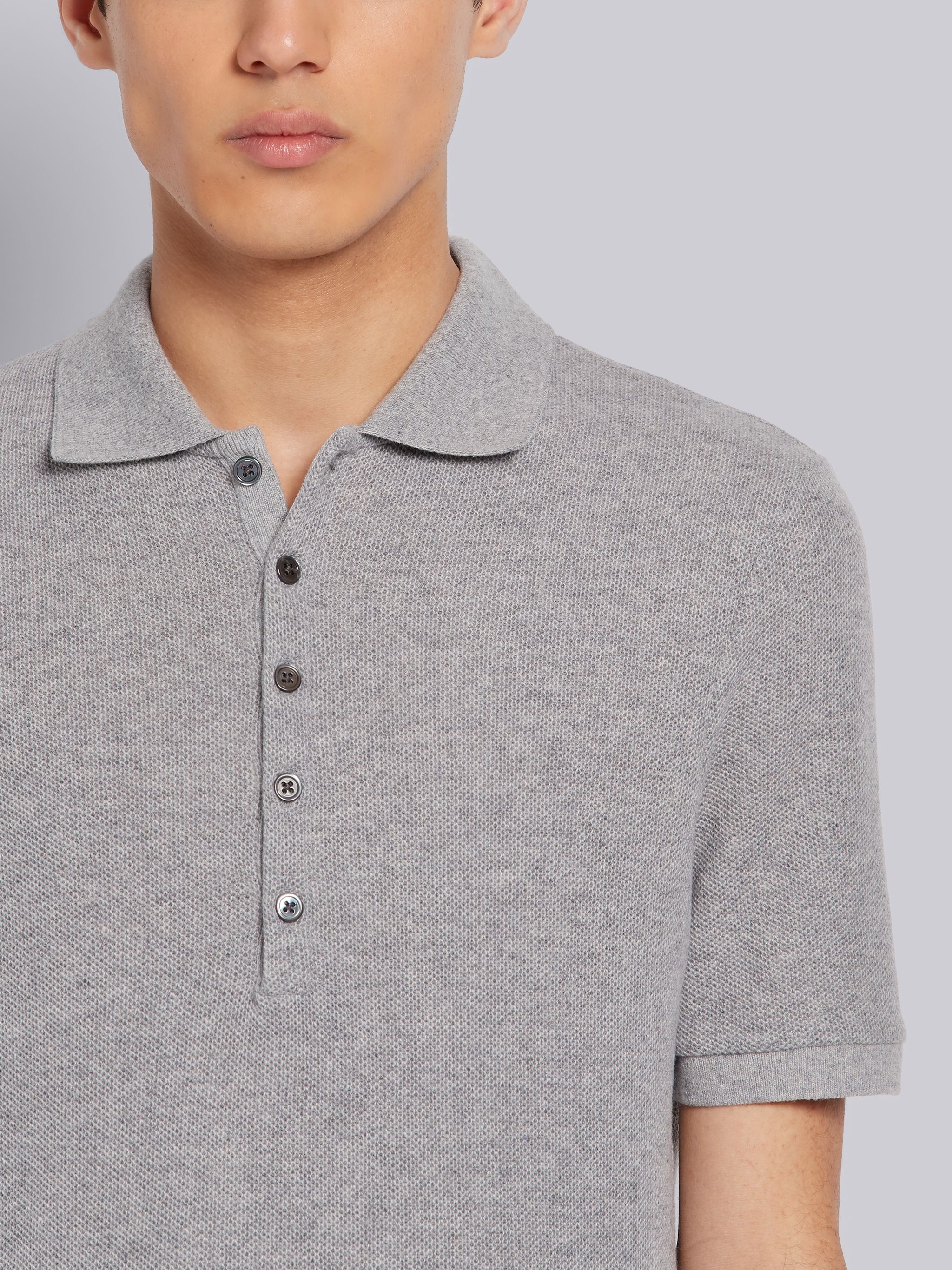 Light Grey Cashmere Pique Short Sleeve Rib Cuff Polo - 5